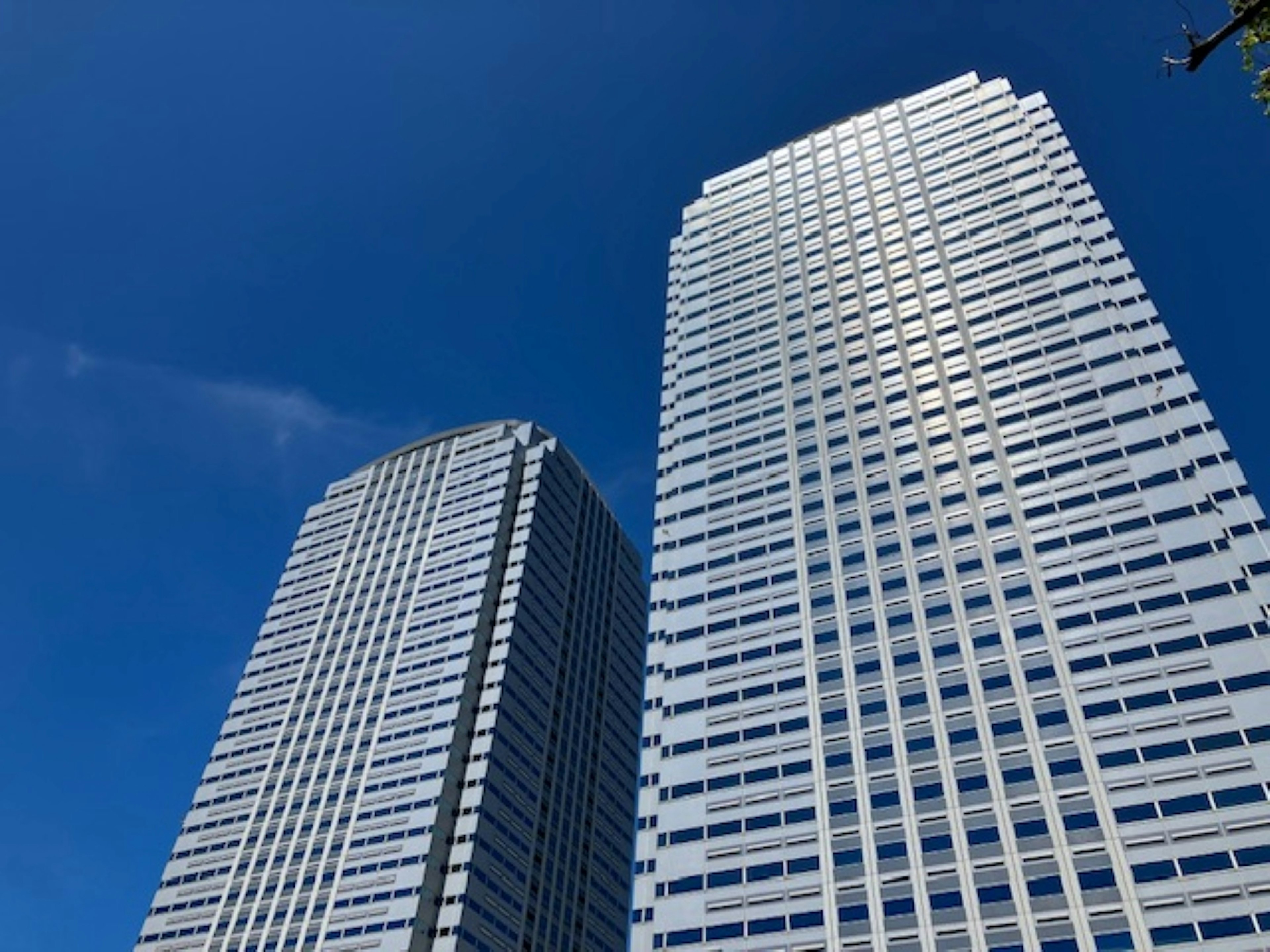 Image of two skyscrapers towering under a blue sky