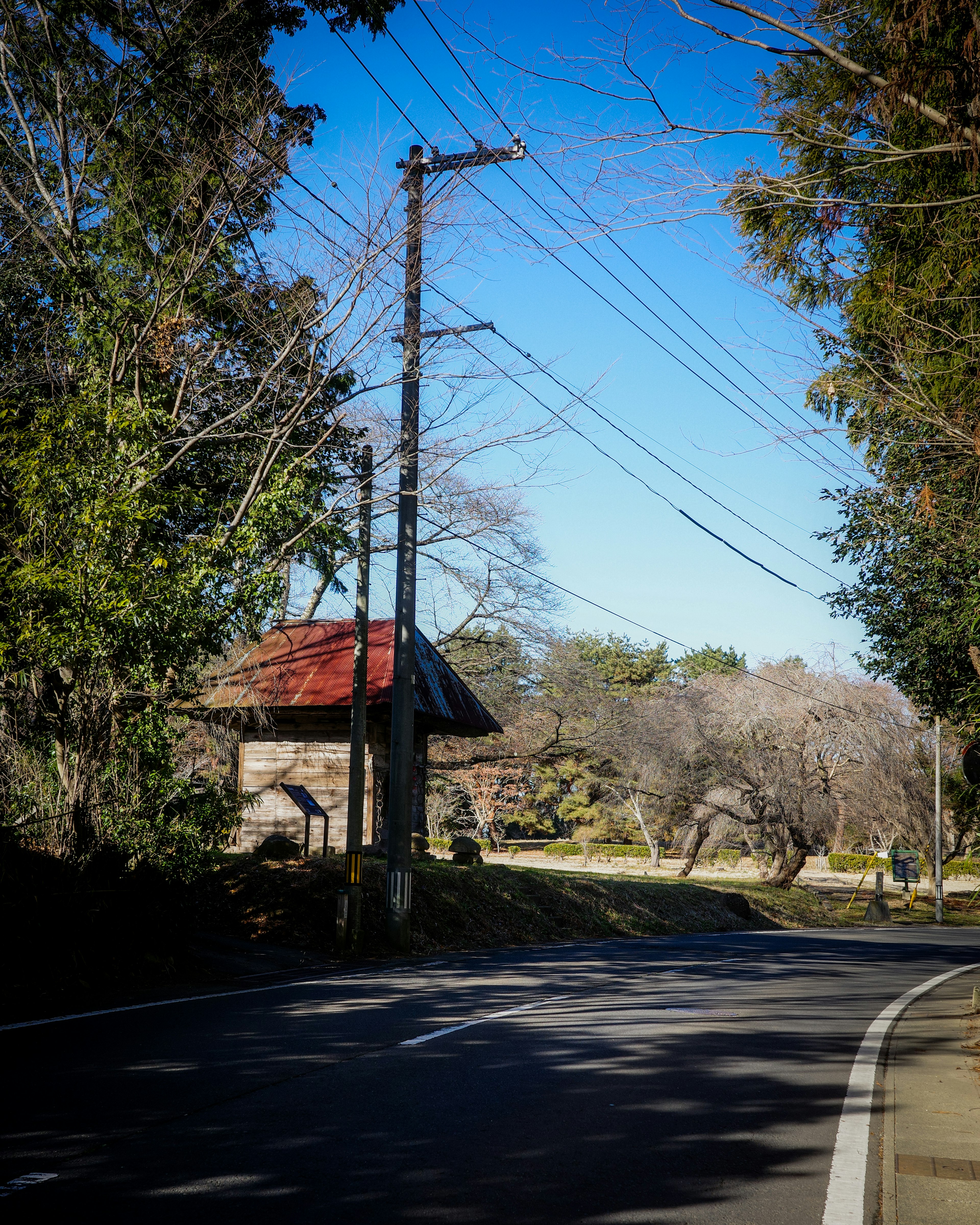 青空の下にある電柱と道路のある風景