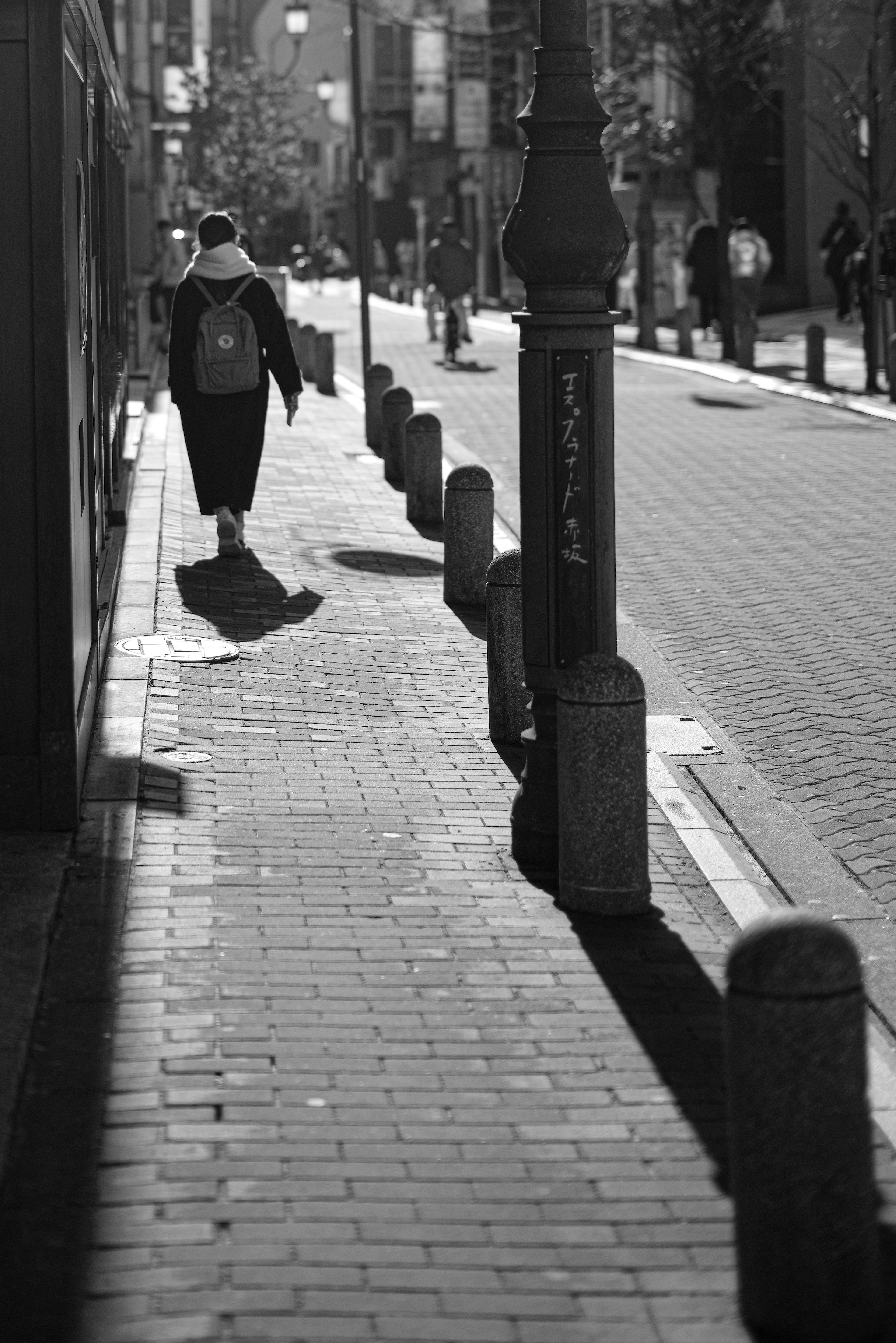 Fotografía en blanco y negro de una persona caminando por una acera con adoquines y sombras de farolas