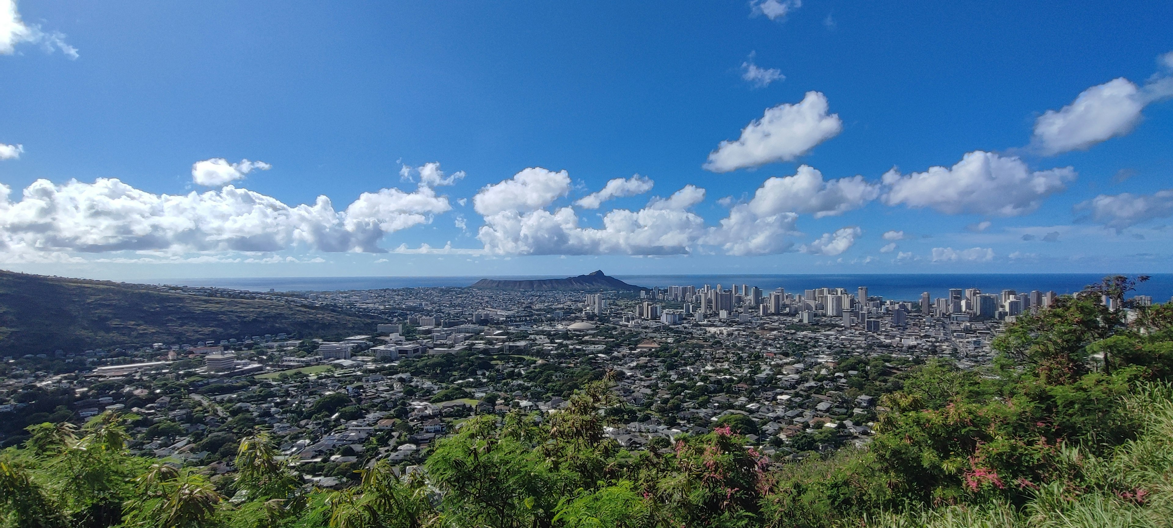 Panoramablick auf Honolulu mit blauem Himmel Wolken grüner Vegetation und Stadtsilhouette