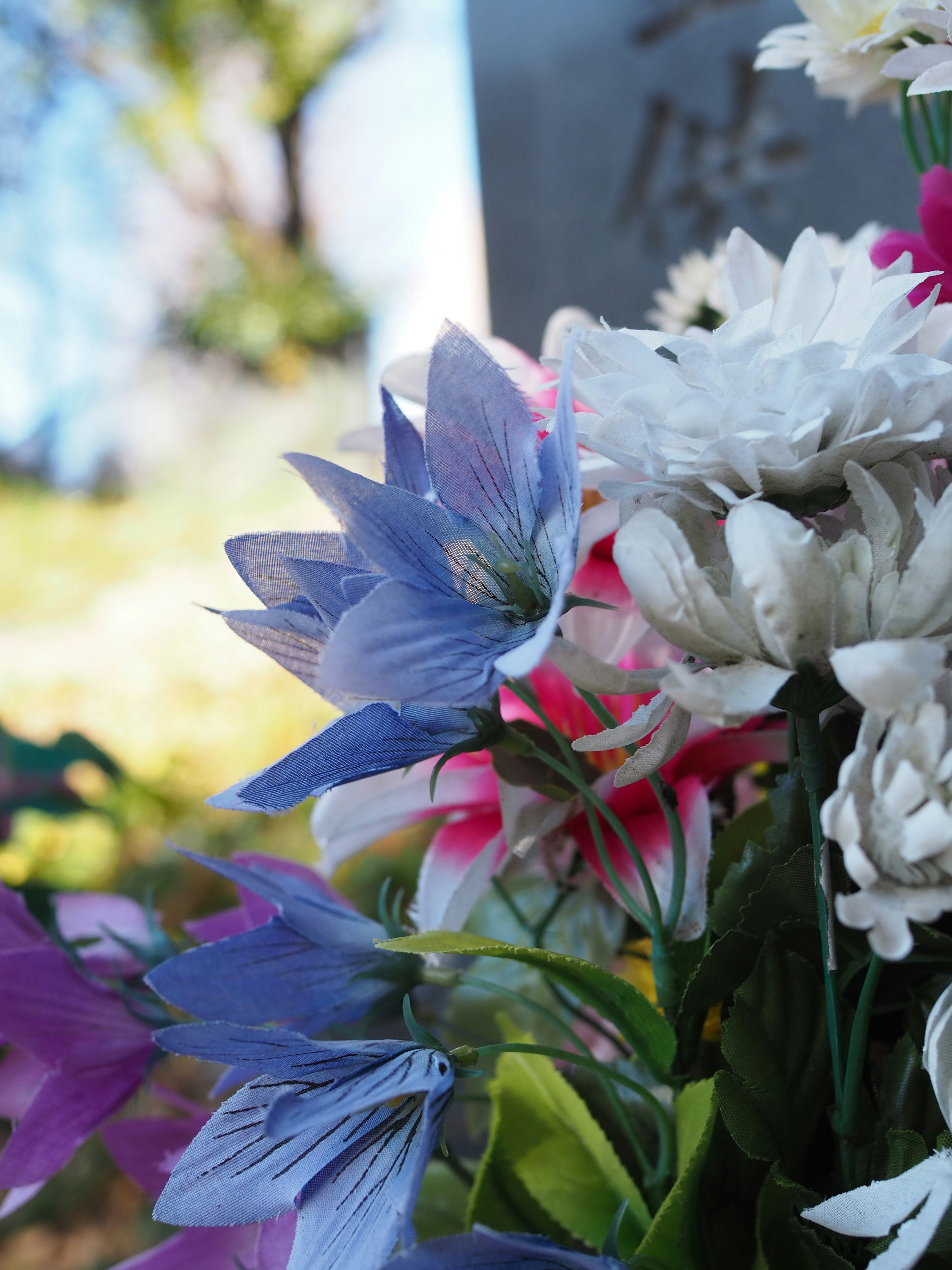 Close-up of a beautiful bouquet featuring blue and white flowers