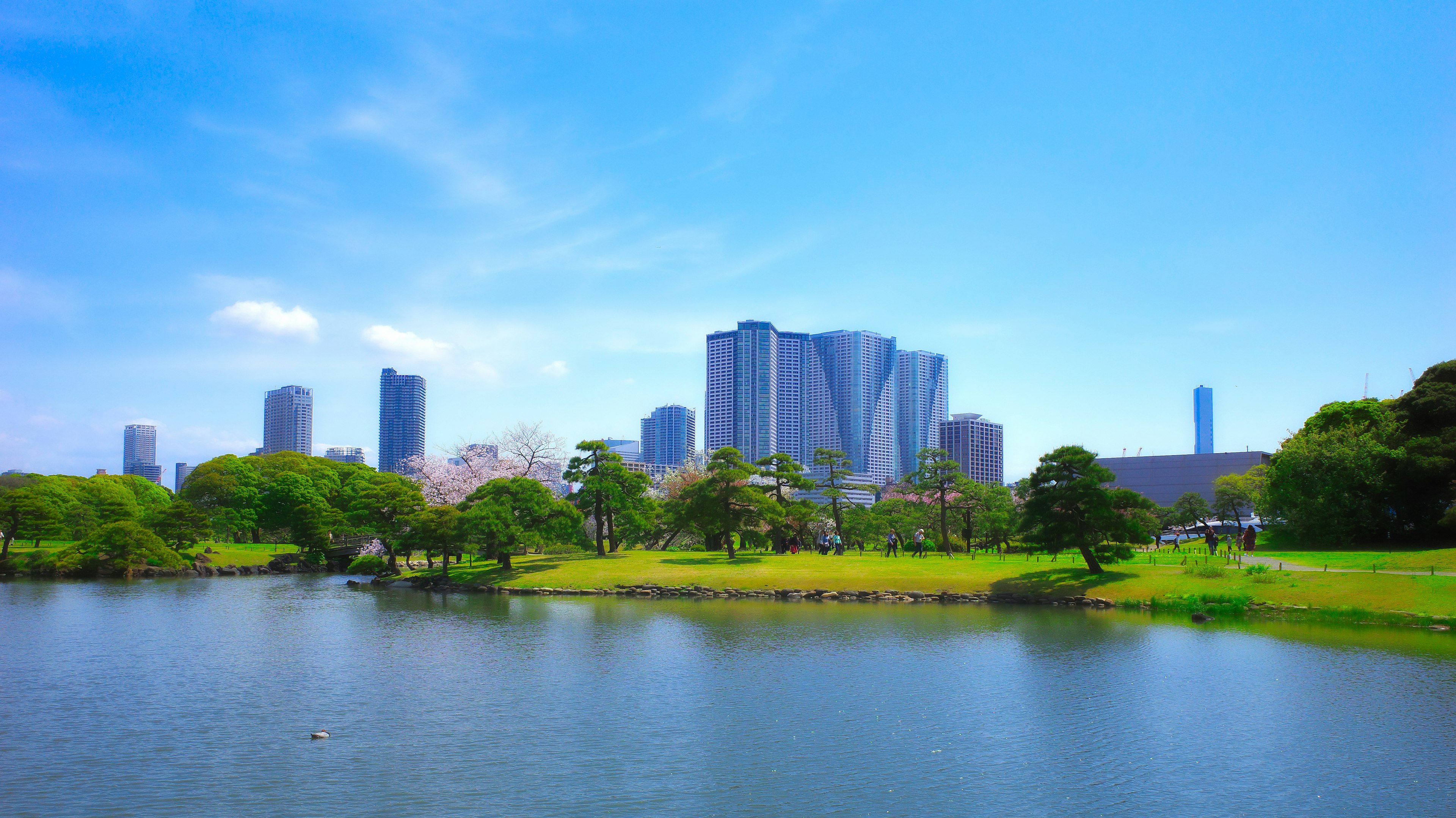 Urban skyline with greenery and a lake under a blue sky