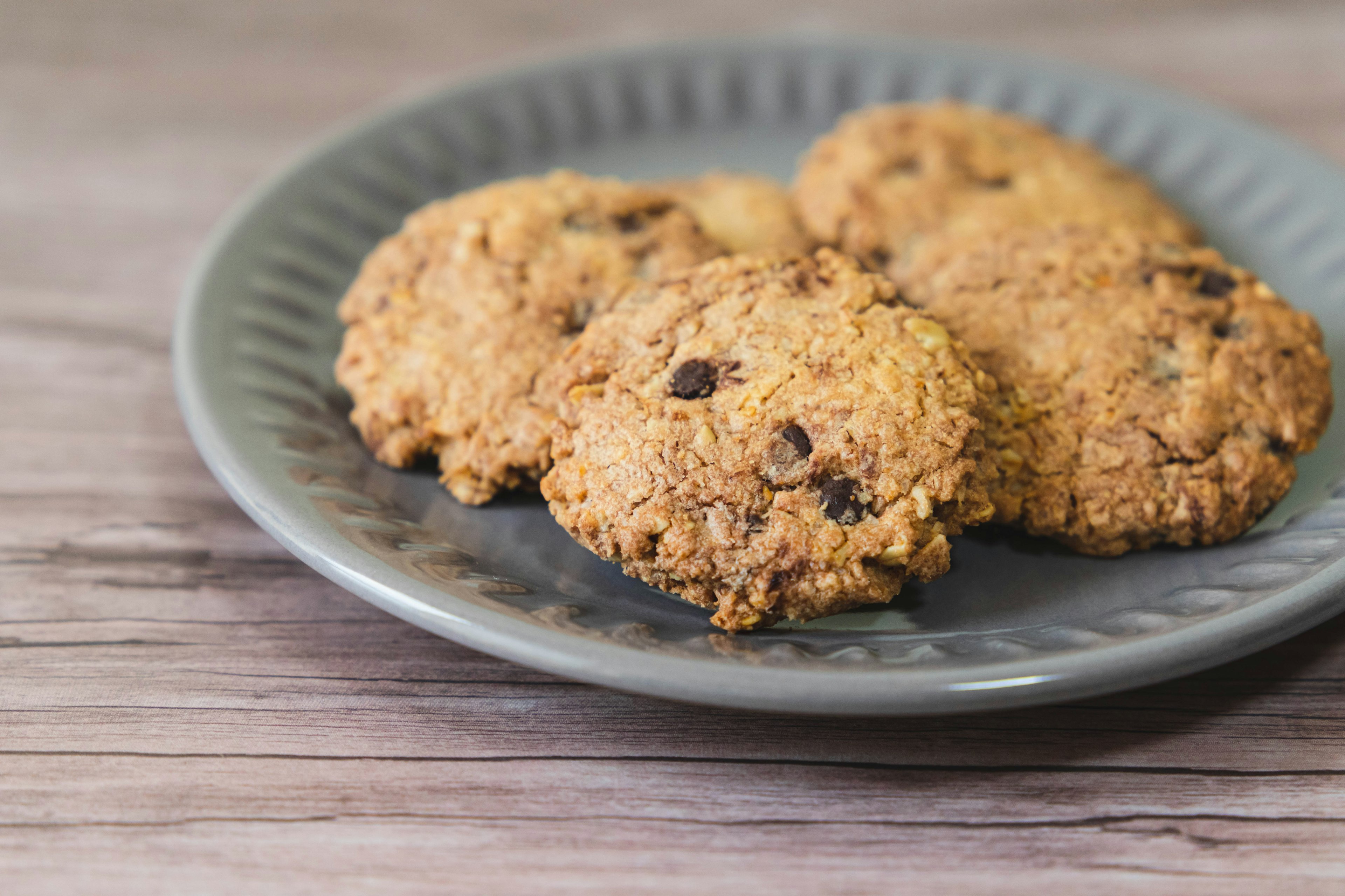 Plate of baked chocolate chip cookies