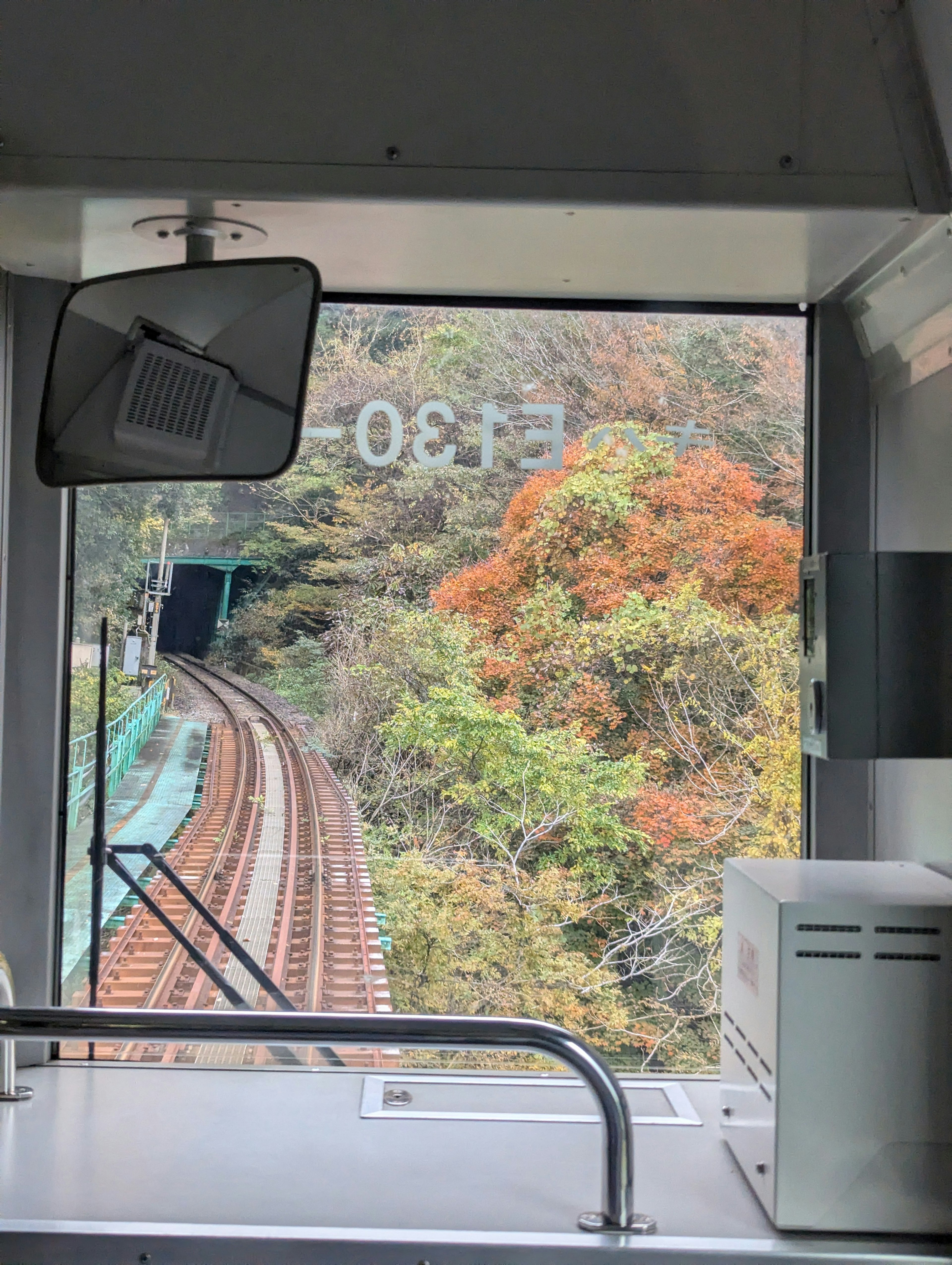 Vista dalla finestra di un treno con fogliame autunnale e binari curvi