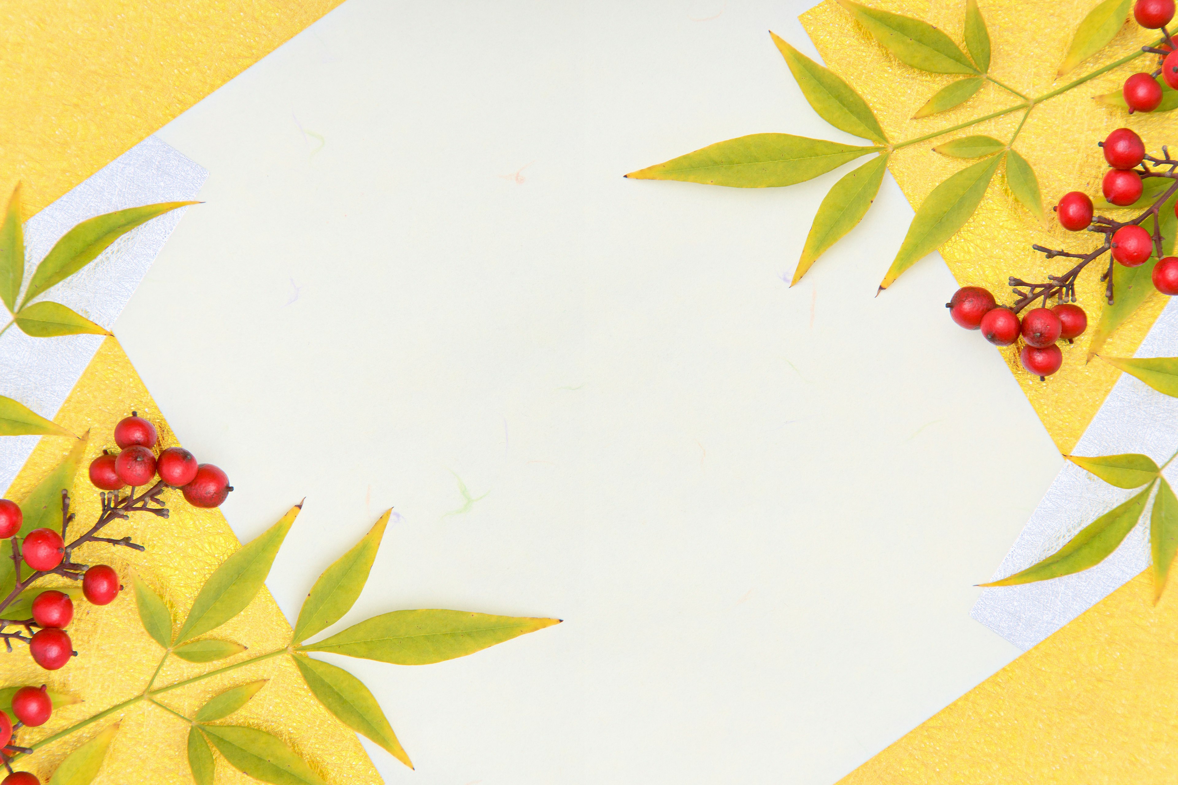 Decorative design featuring red berries and green leaves on a yellow background