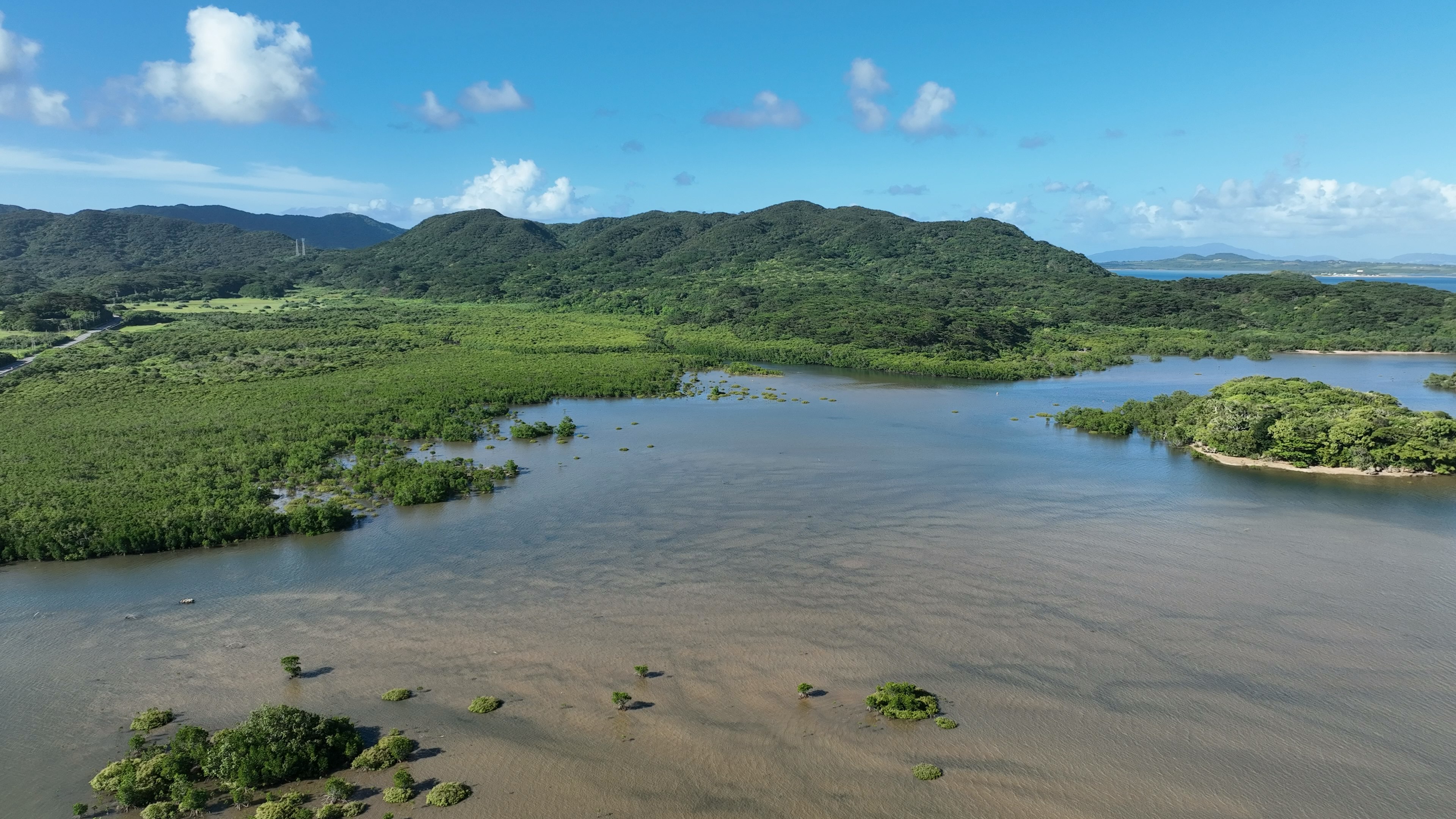 Aerial view of wetlands with blue sky and green hills