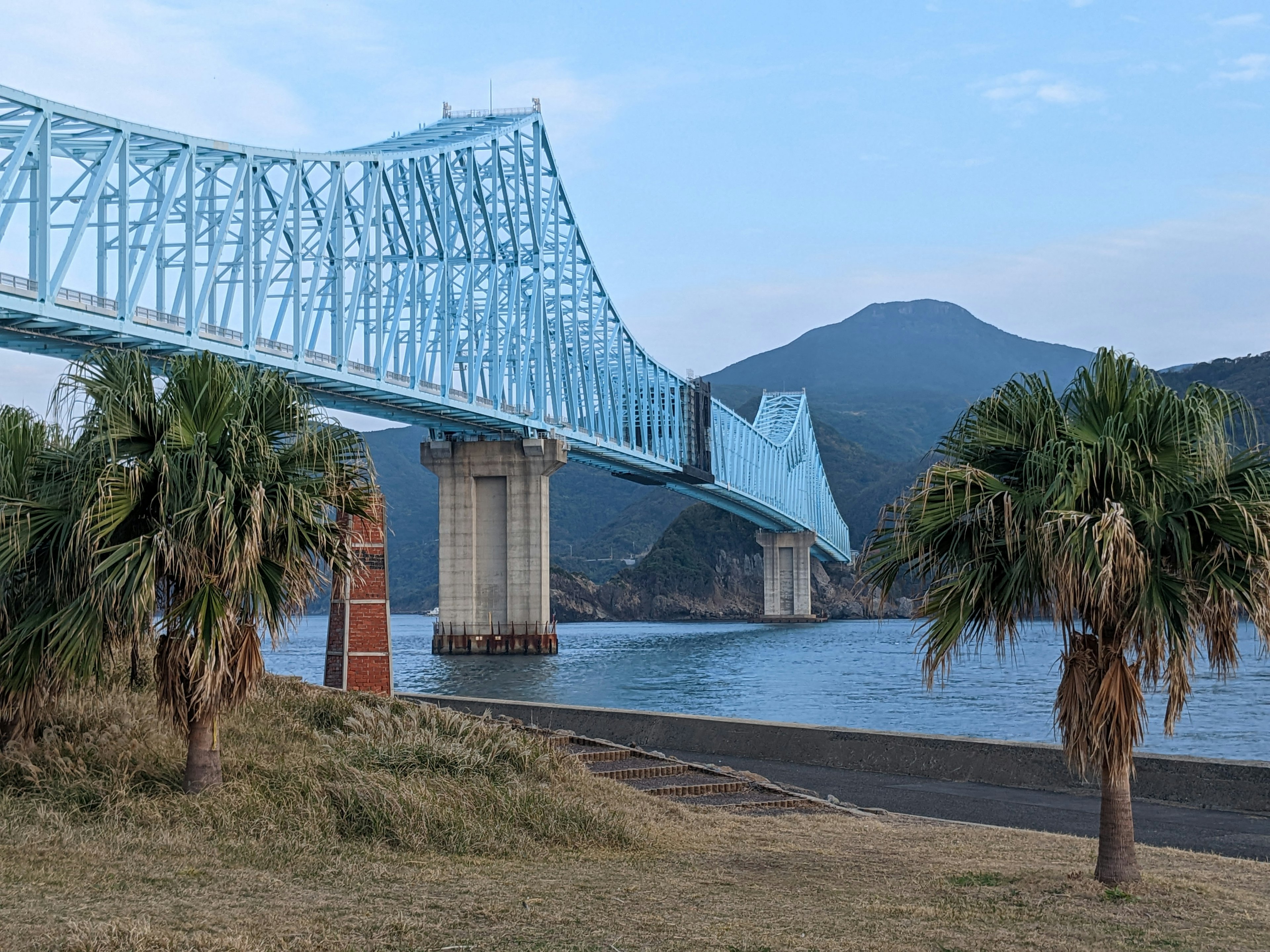 Un pont bleu s'étend au-dessus d'une mer bleue avec des palmiers au premier plan