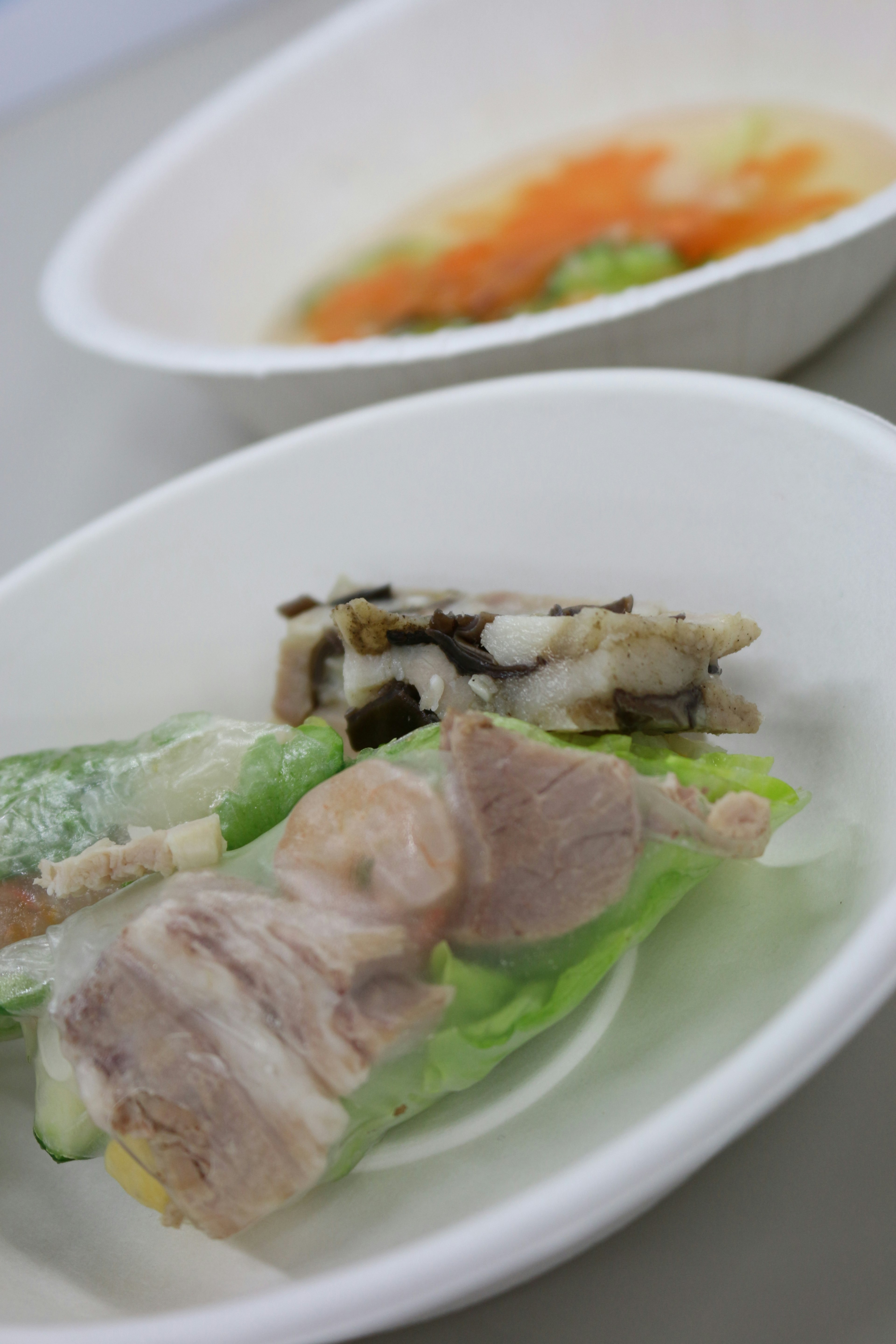 Fresh vegetable and meat platter with clear broth in the background