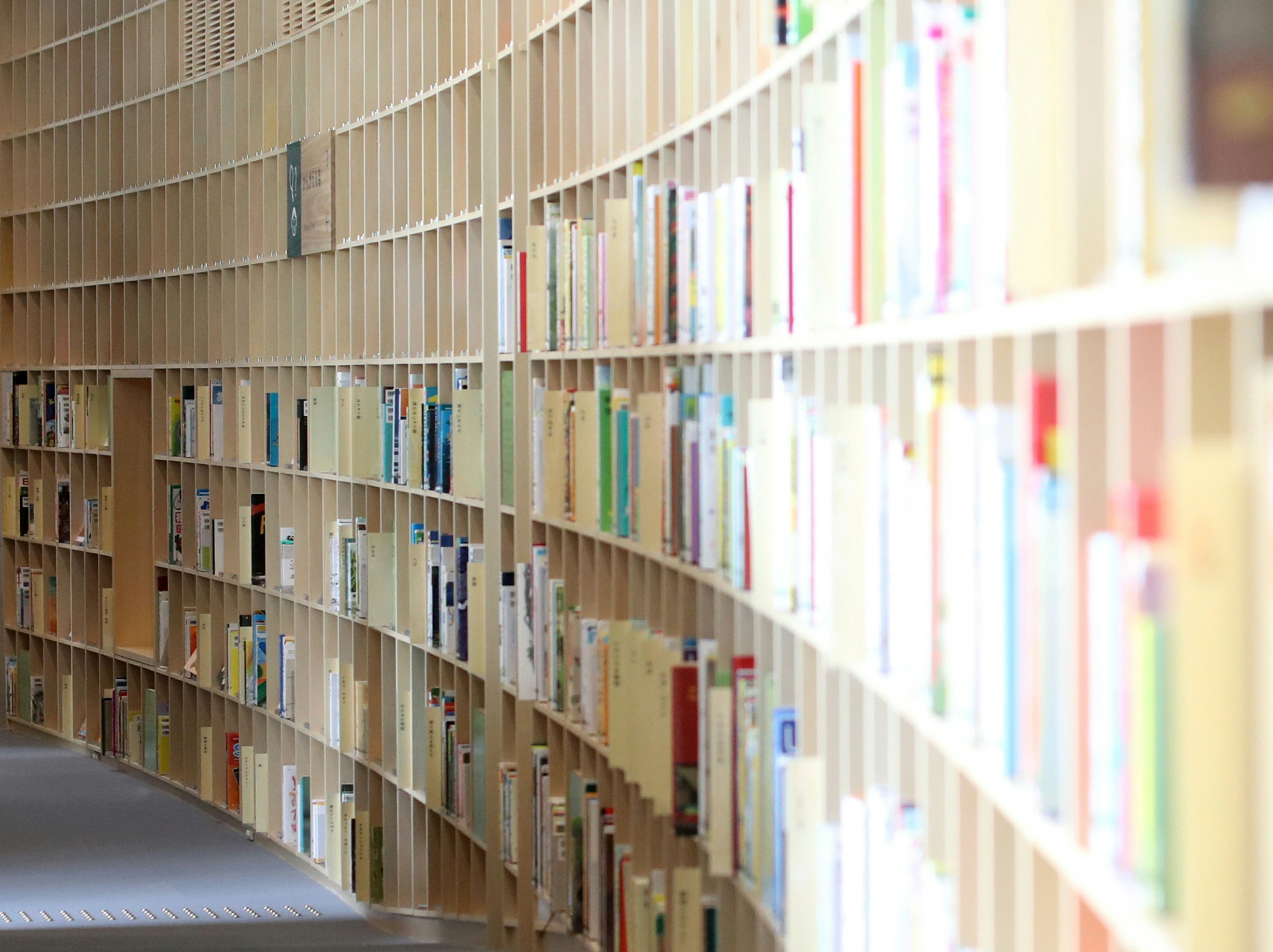 Curved bookshelf filled with colorful books