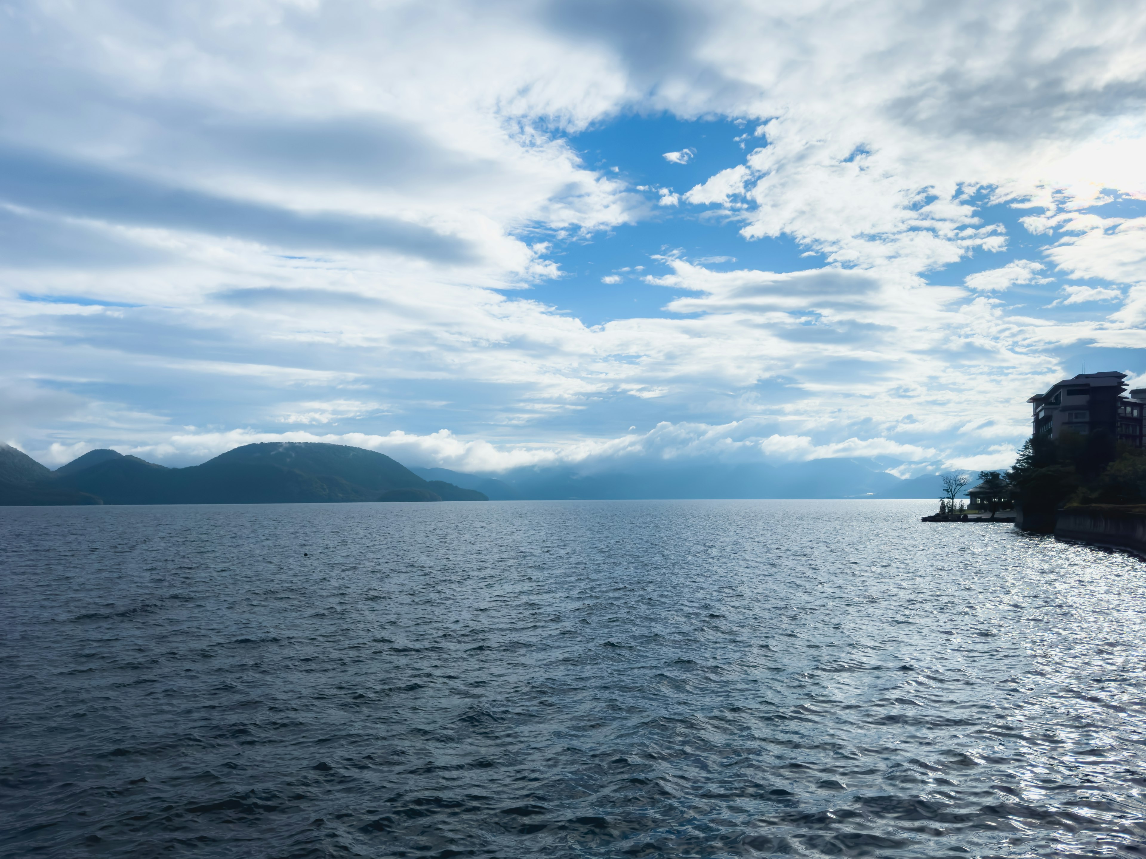 Vista panoramica di un lago blu sotto un cielo nuvoloso