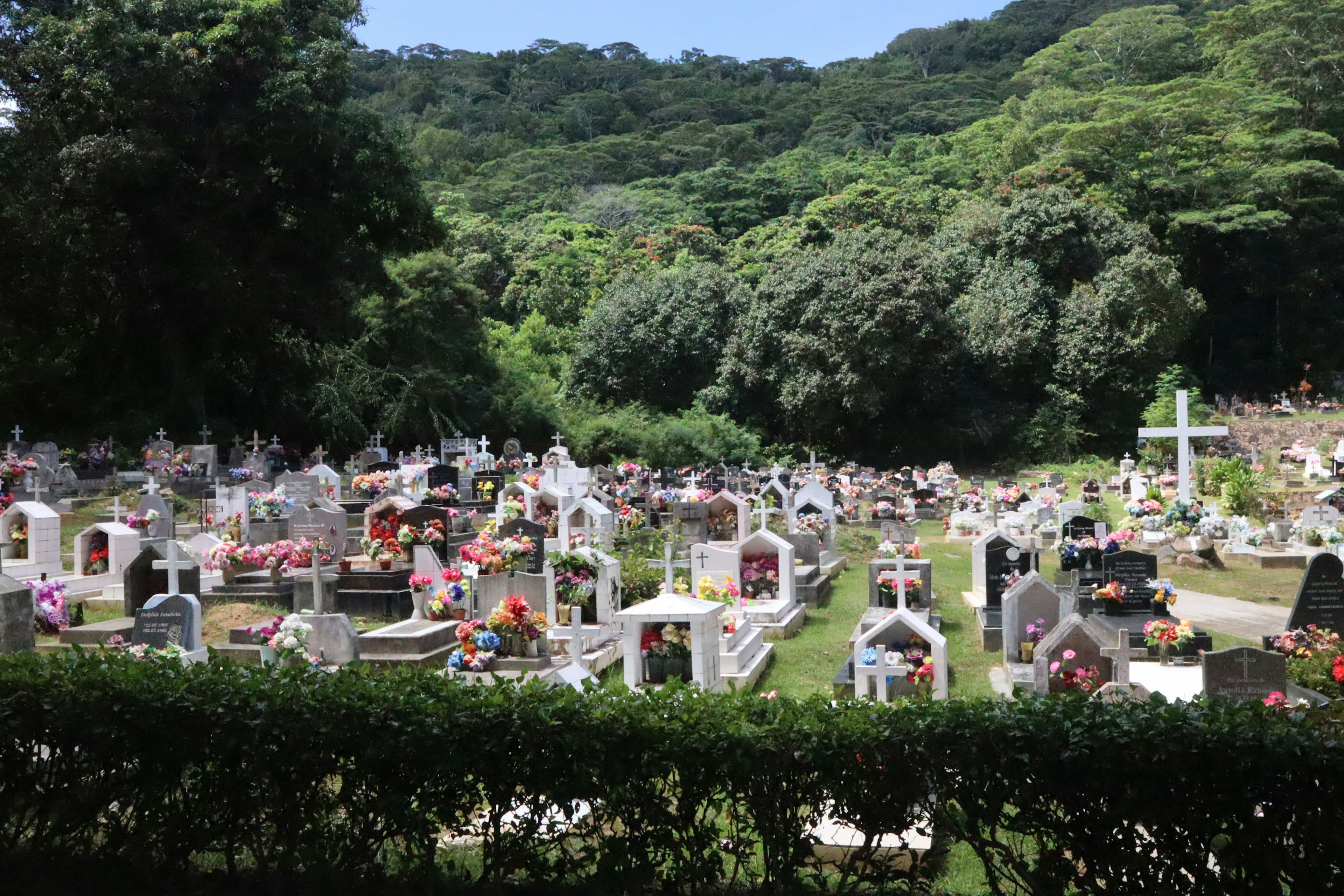 Una escena de cementerio con lápidas adornadas con flores