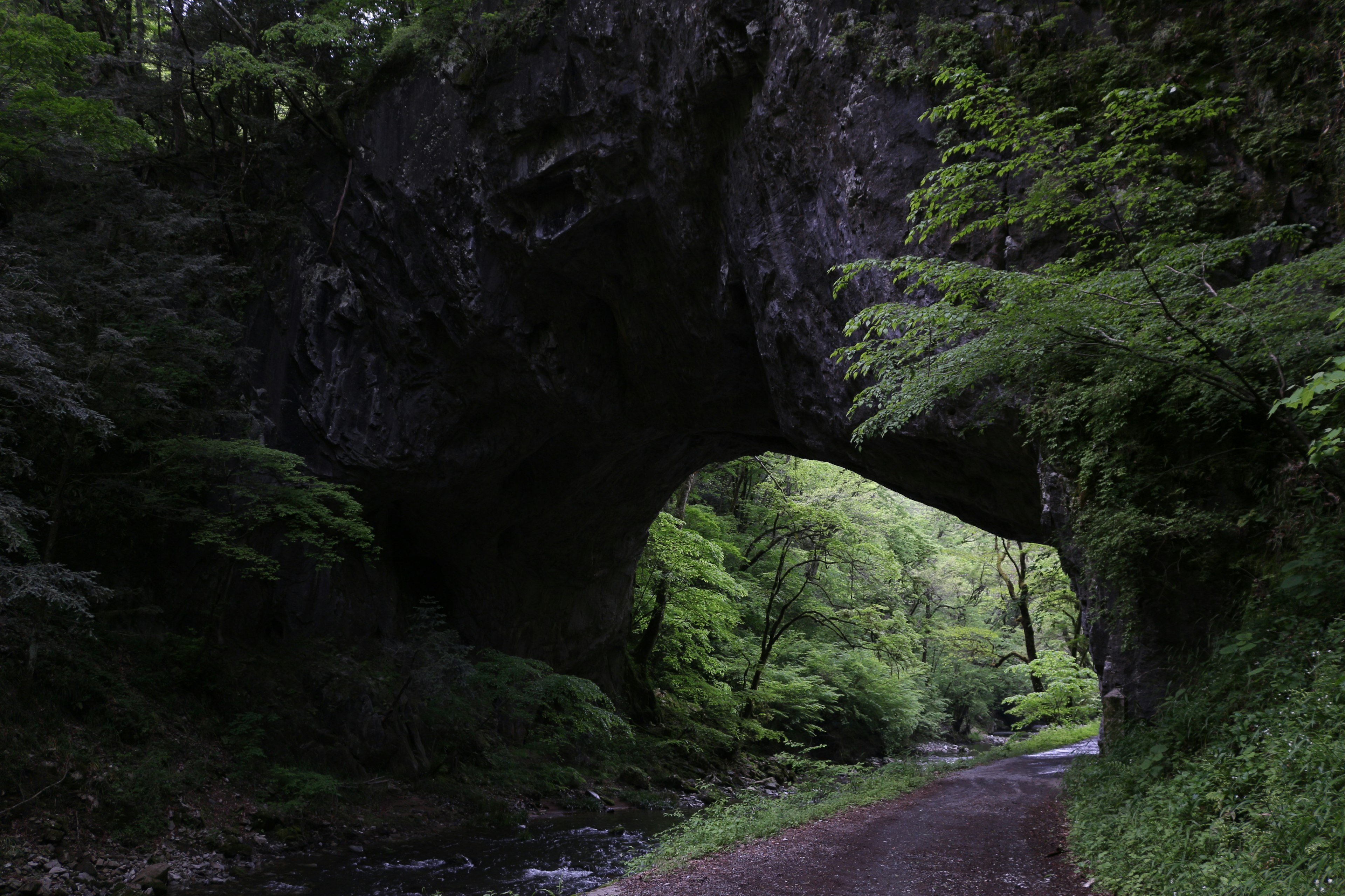 Arco di roccia circondato da vegetazione con sentiero sterrato