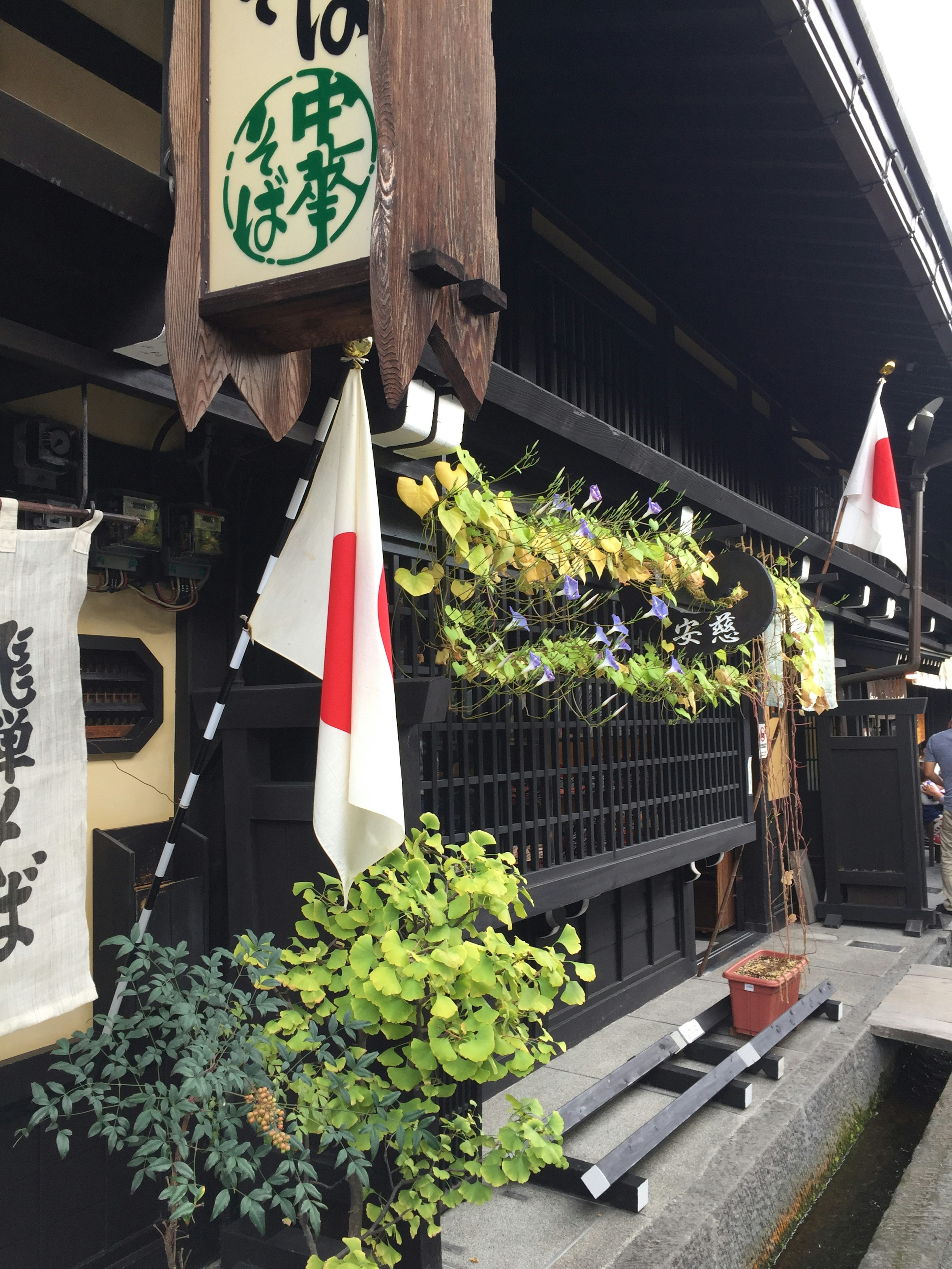 Exterior of a traditional Japanese shop featuring hanging plants and Japanese flags