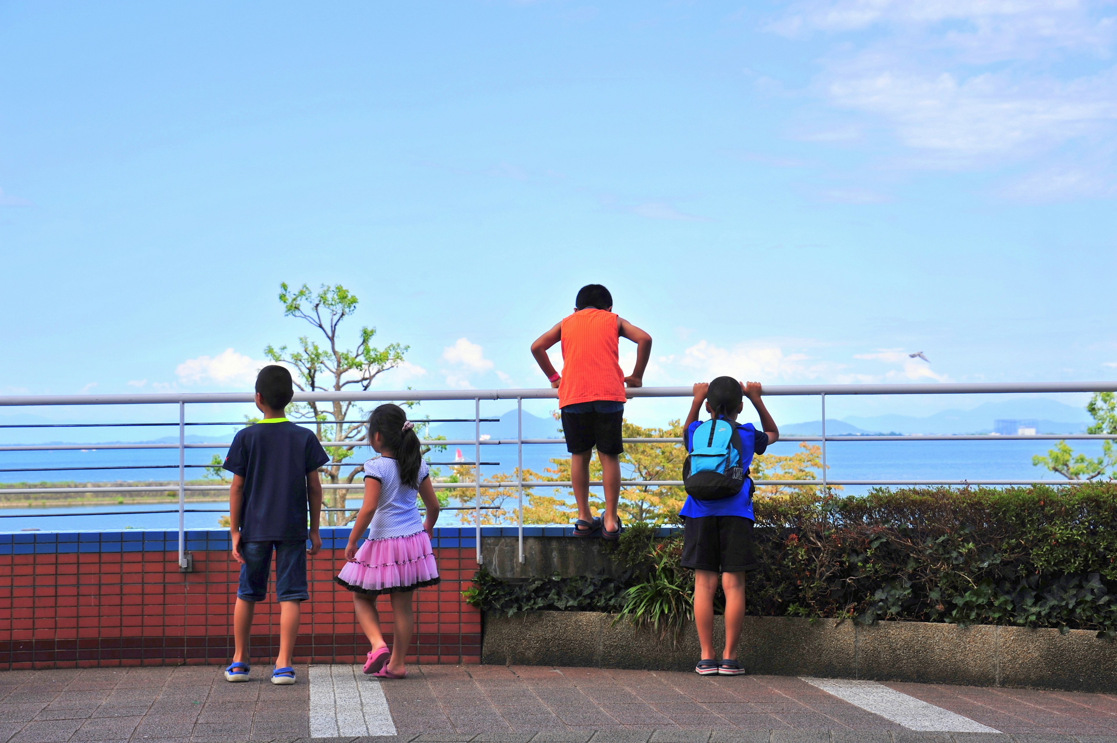 子供たちが景色を眺める光景 背景には青い空と海が広がる