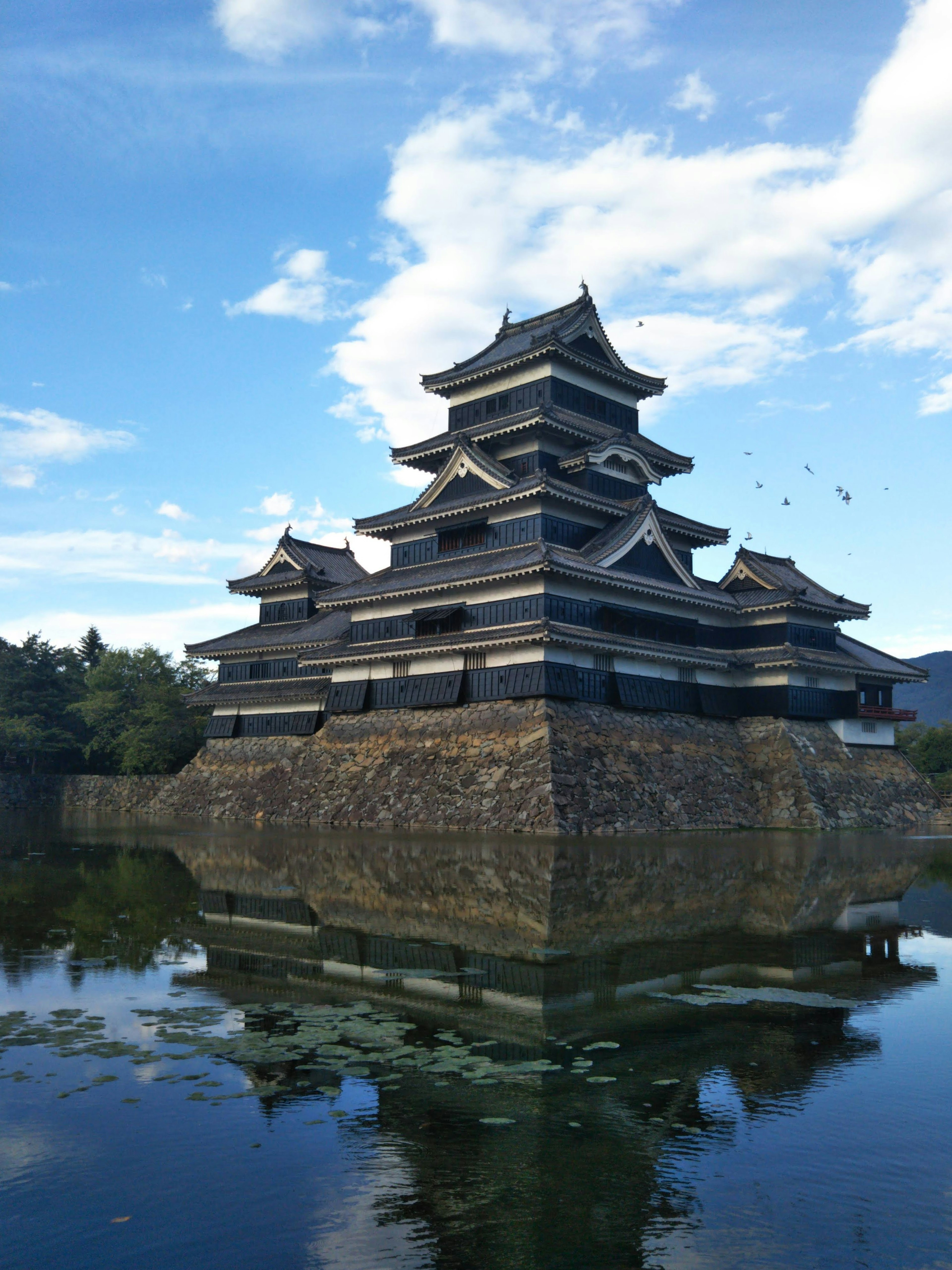 Matsumoto Schloss mit schönem Landschaftsbild, das sich im Wasser spiegelt