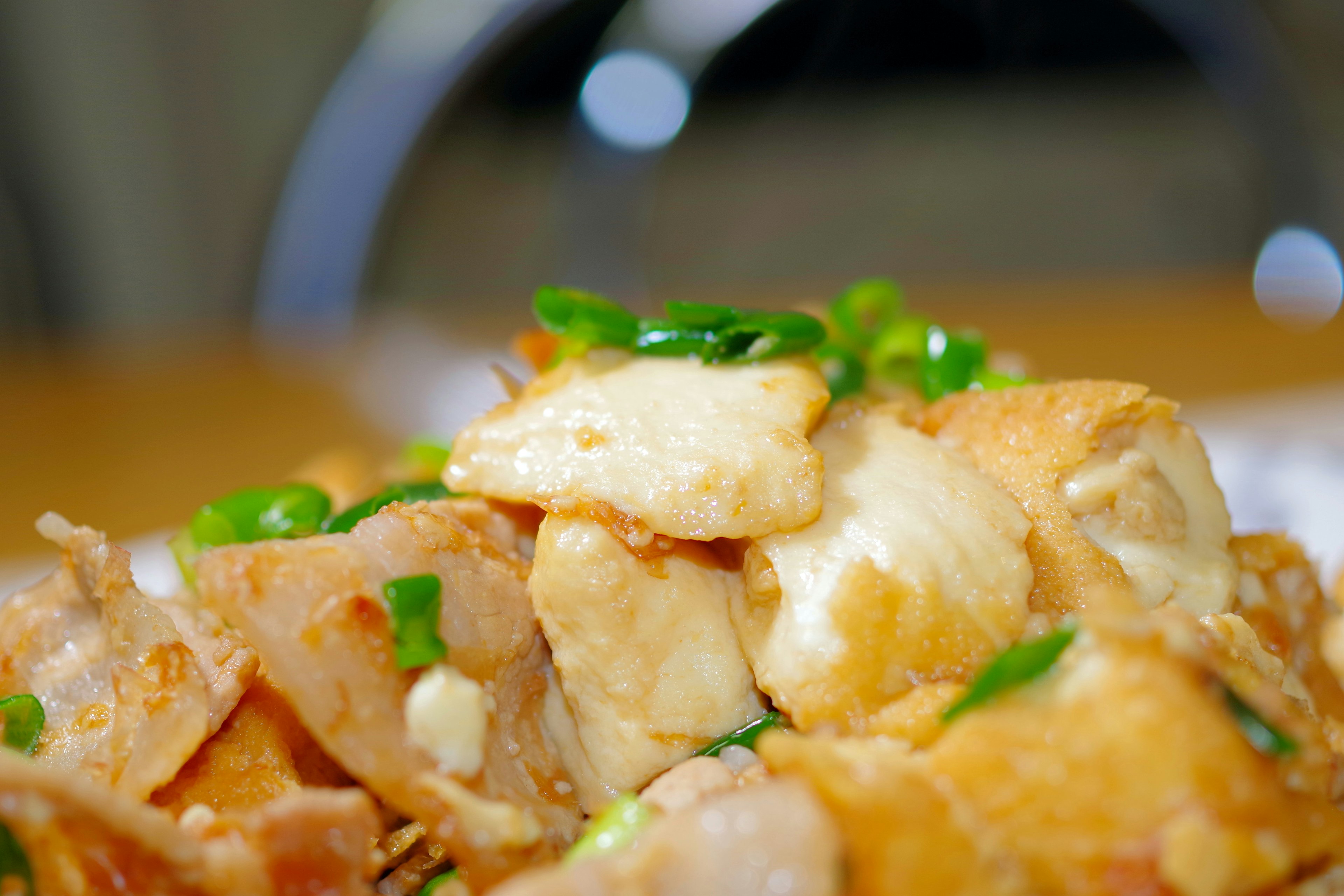 Plat de poulet délicieux garni d'oignons verts finement hachés