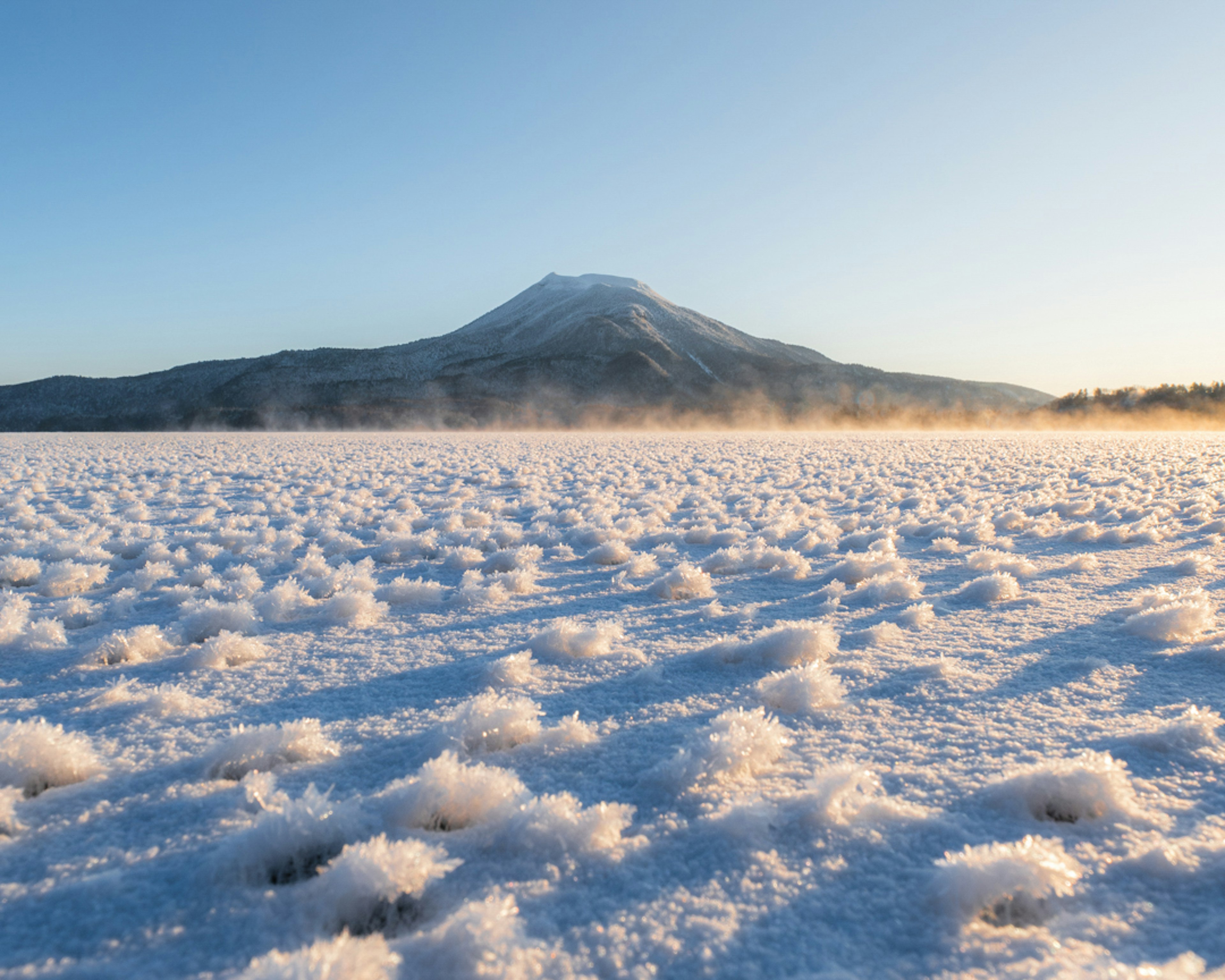 雪に覆われた平原と遠くに見える山