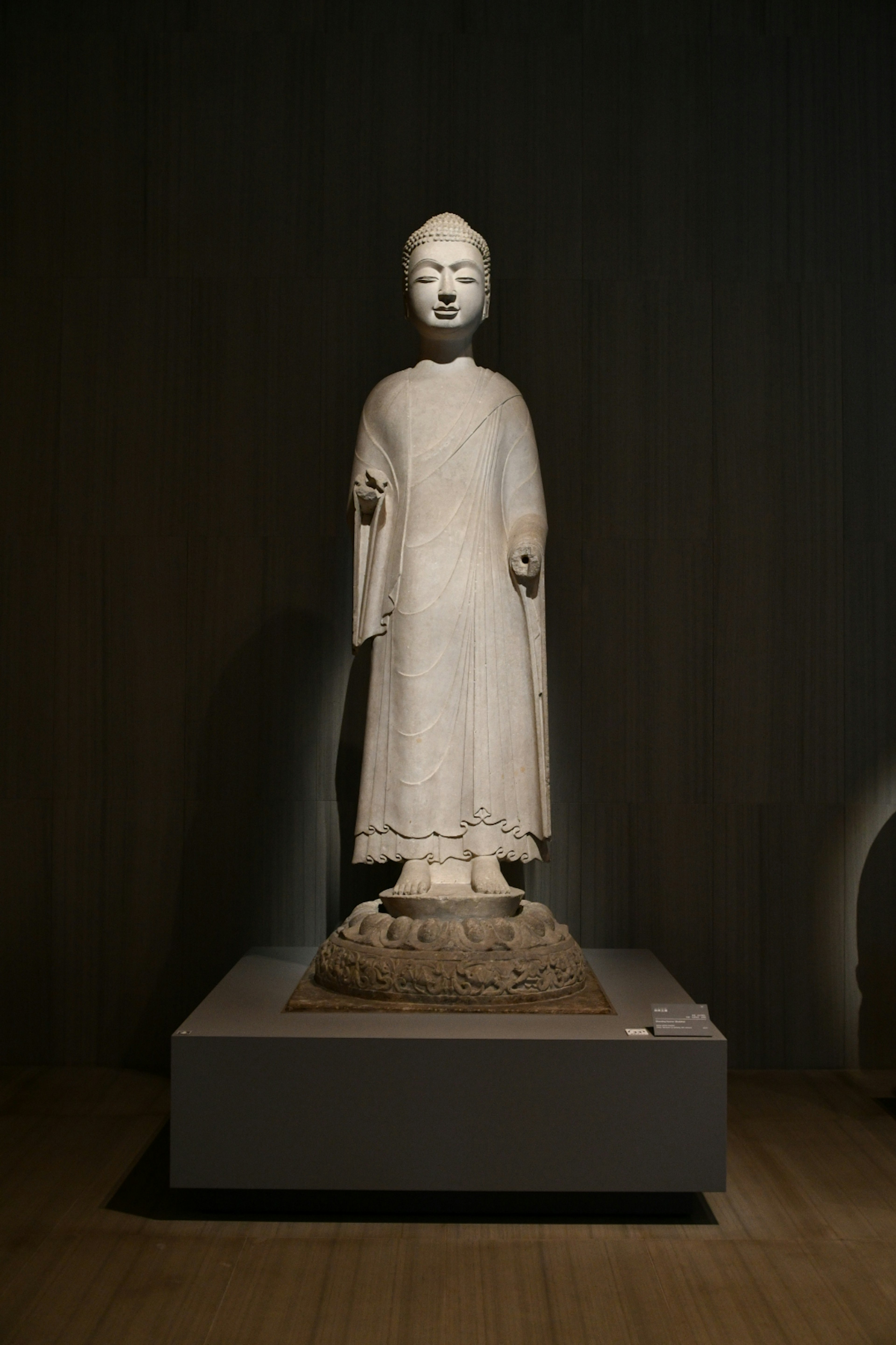 A white statue of a figure standing in a museum setting