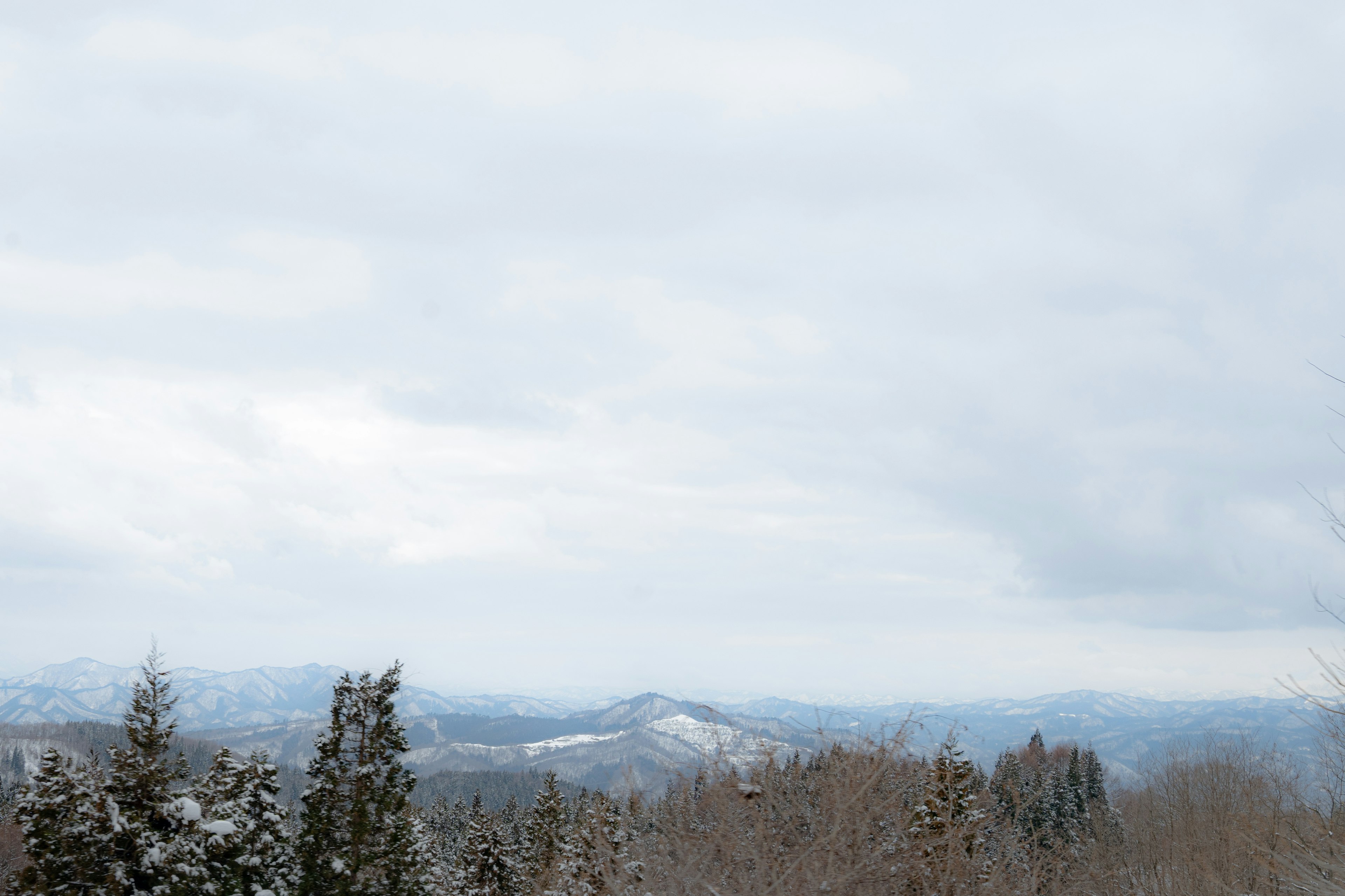 Montañas cubiertas de nieve bajo un cielo nublado