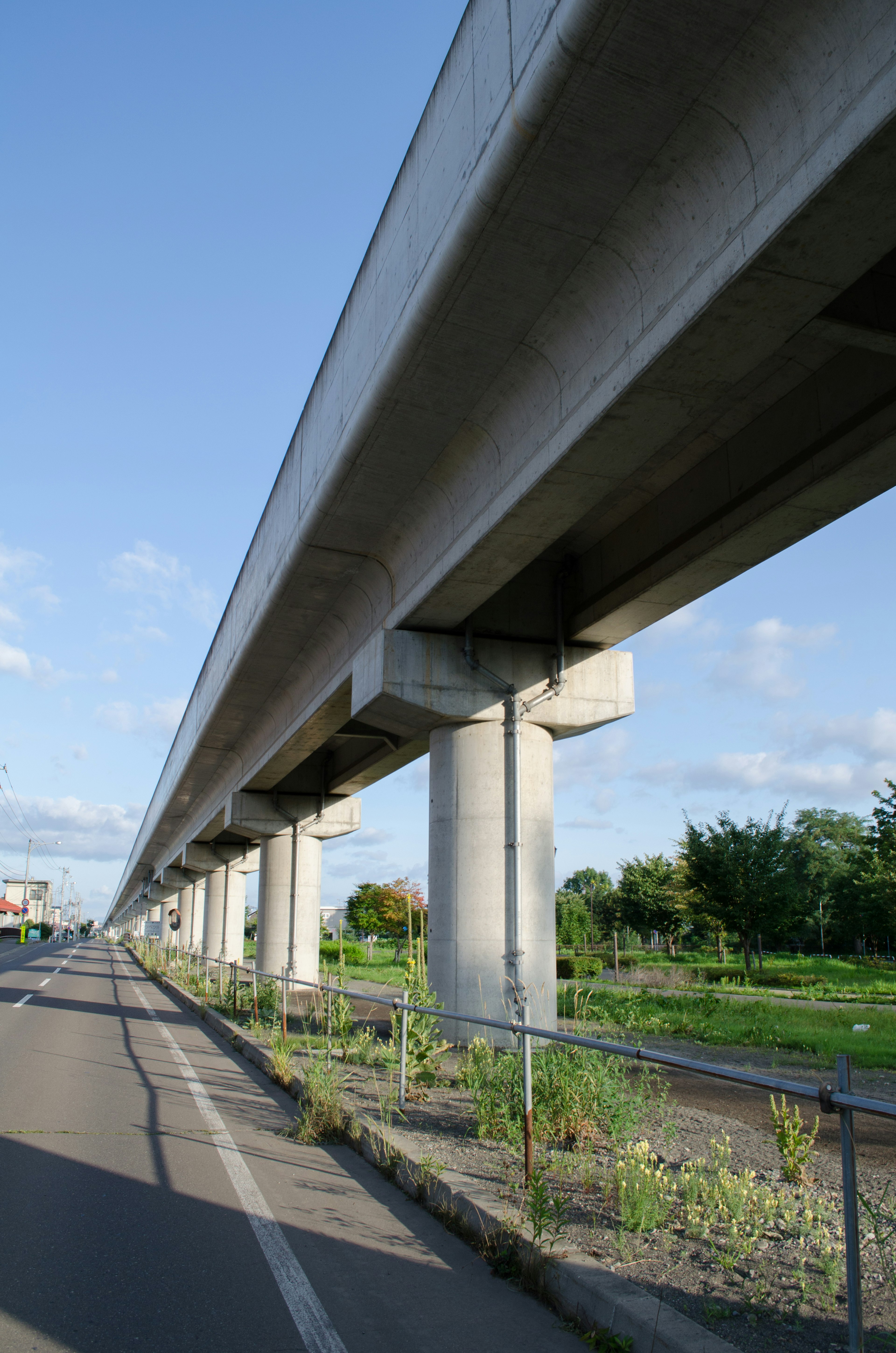 Blick auf eine asphaltierte Straße und eine grasbewachsene Fläche unter einer erhöhten Brücke