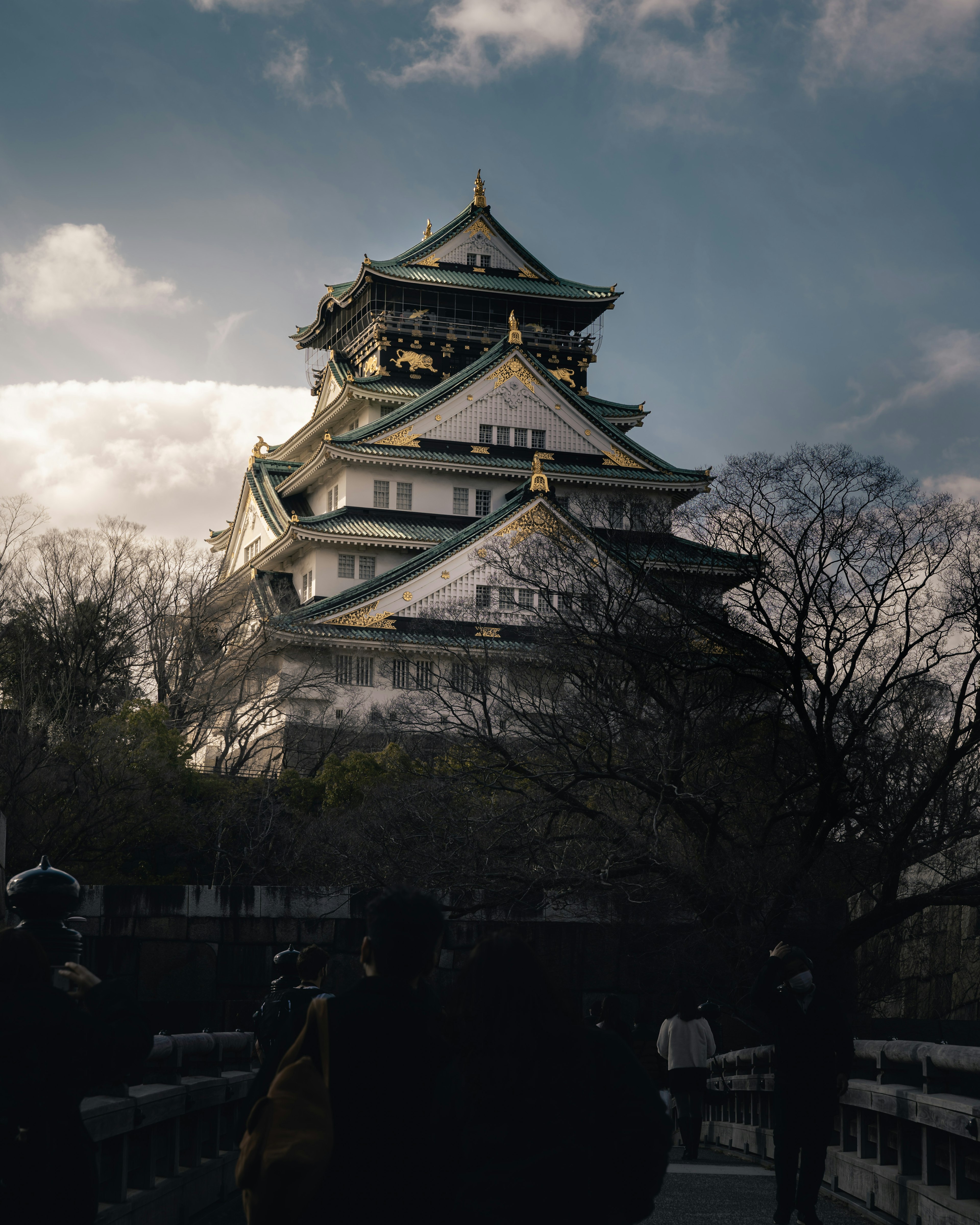 Silhouette di persone di fronte al bellissimo castello di Osaka