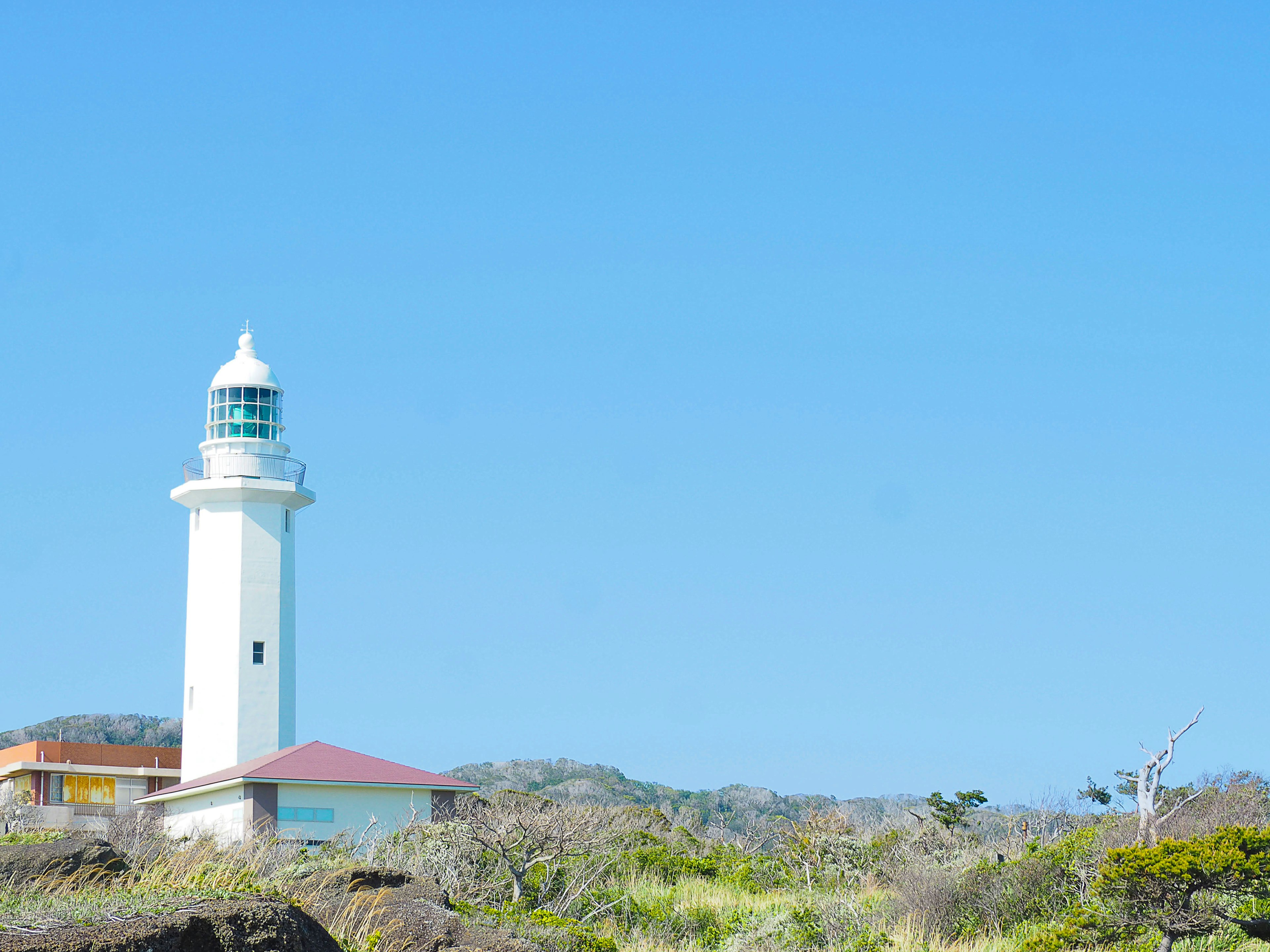 Un faro bianco sotto un cielo blu circondato da un paesaggio verde