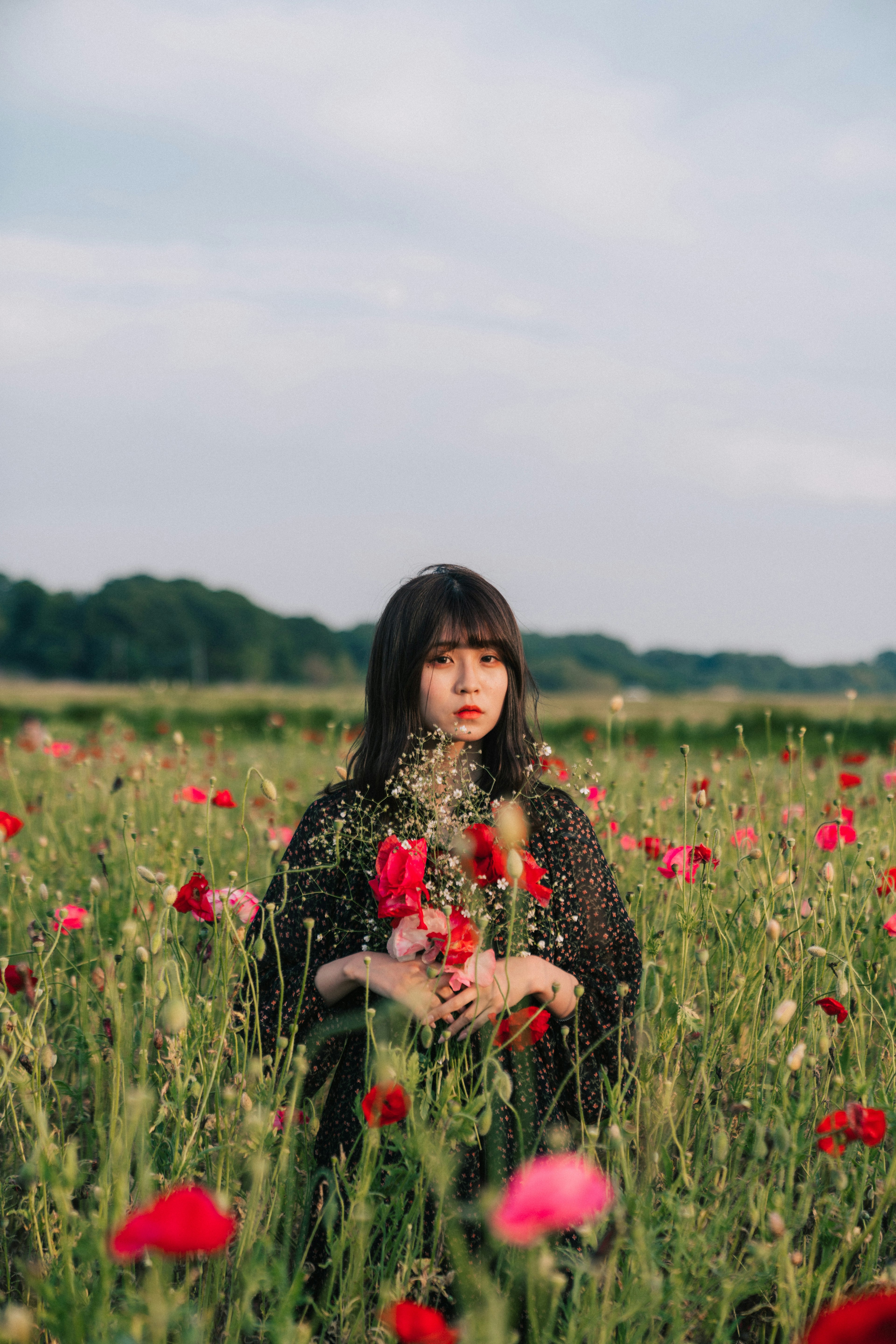 女性が花畑に立ち赤い花を抱えている