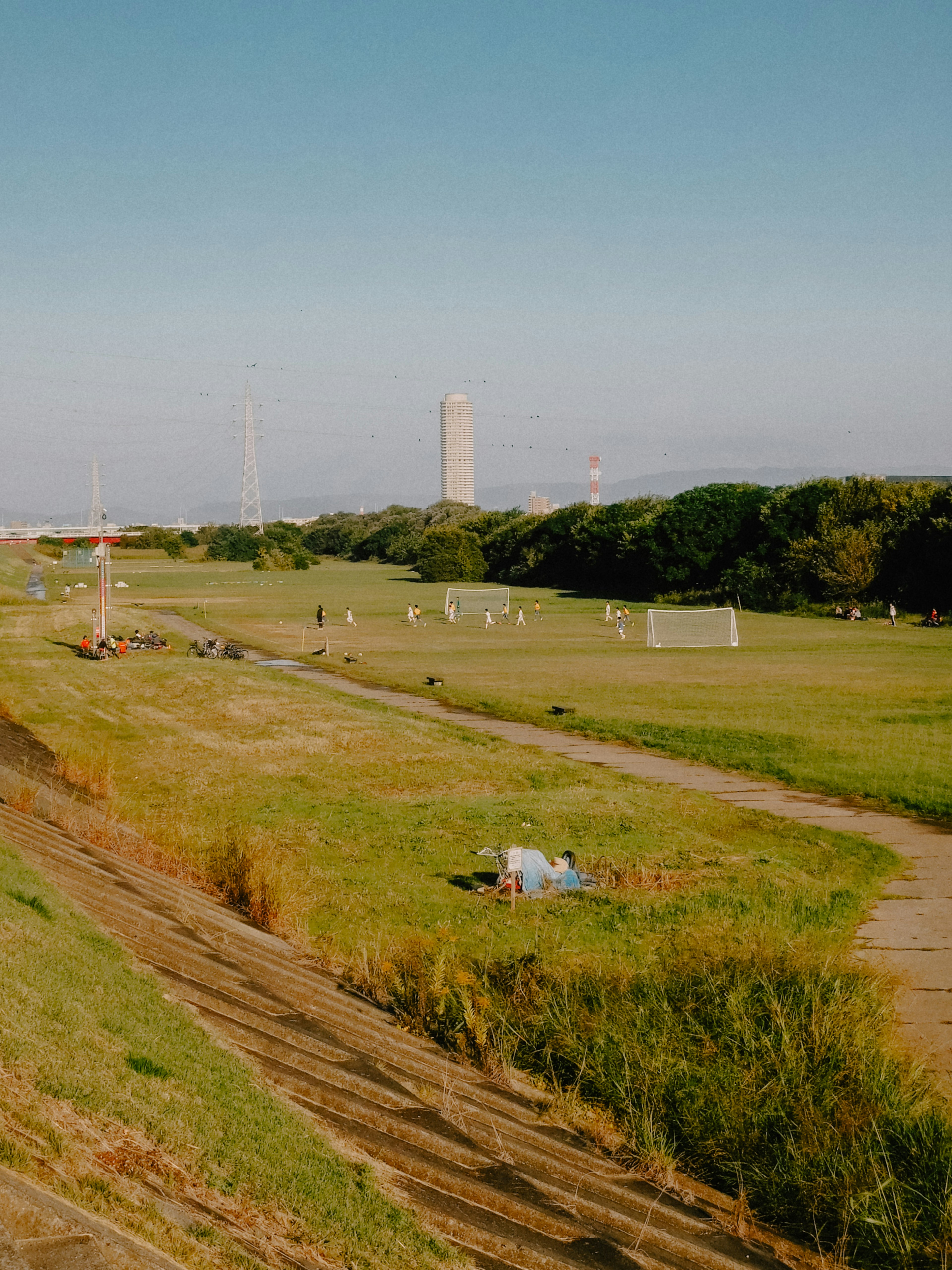 広々とした公園の風景、サッカーゴールが見える、遠くに高い建物がある