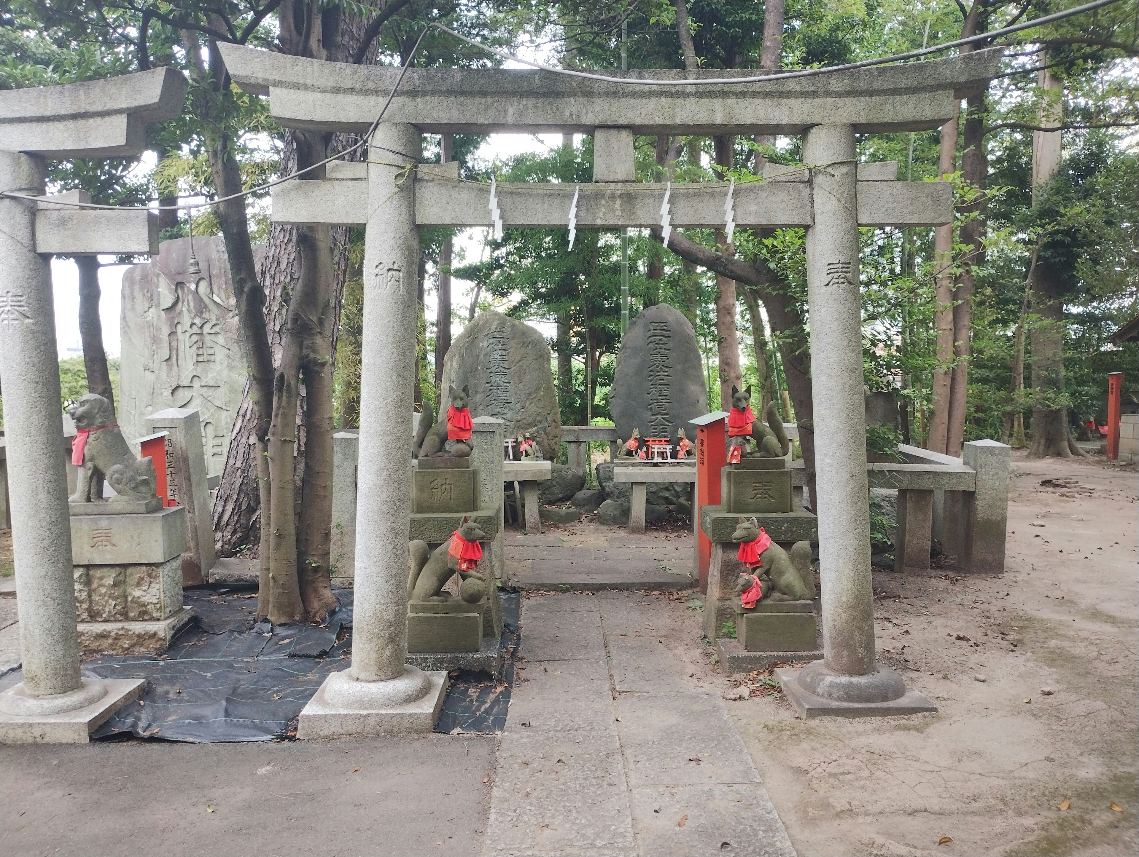 Pemandangan hutan dengan gerbang kuil dan monumen batu yang dihiasi merah