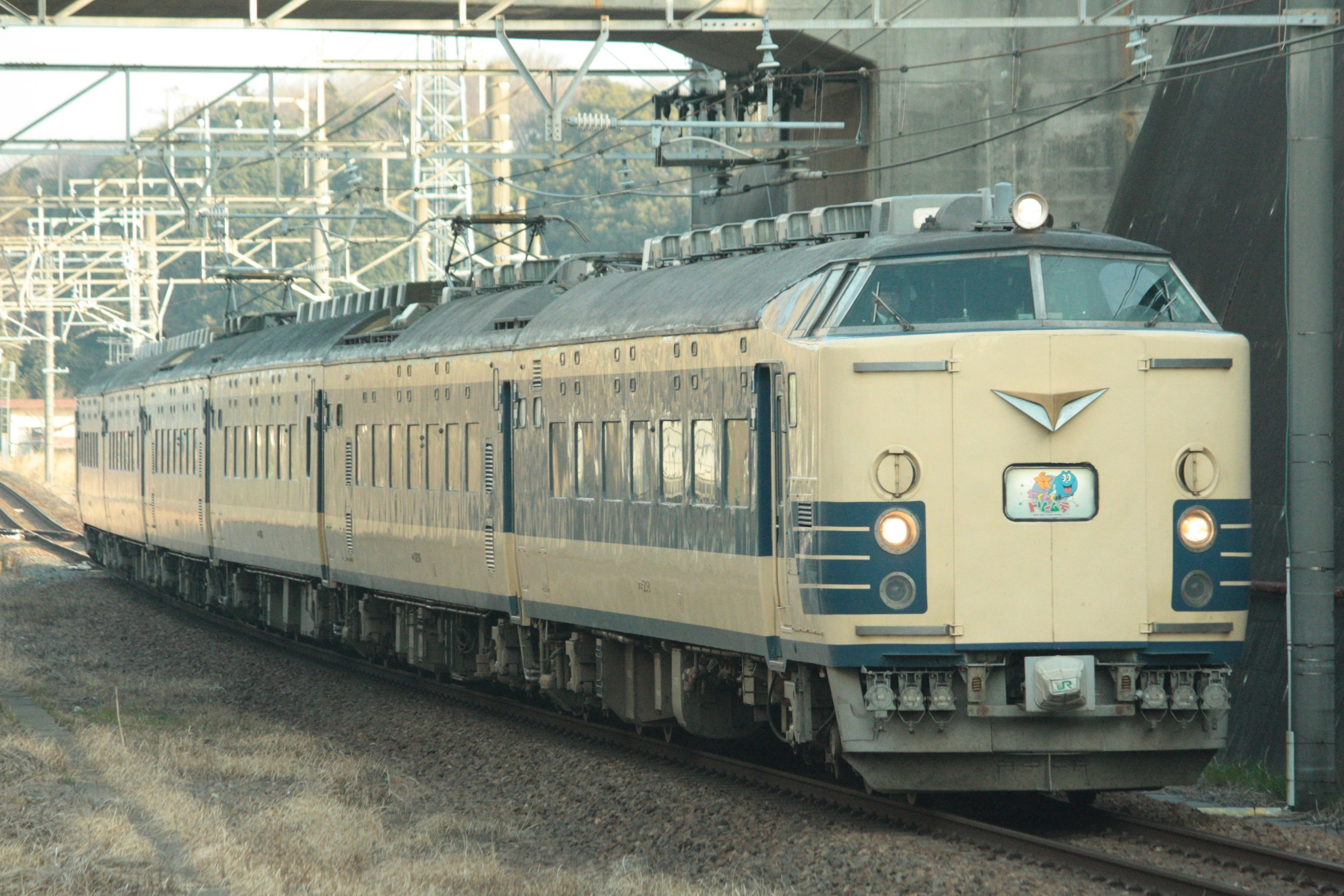 Treno espresso blu e crema che corre sui binari