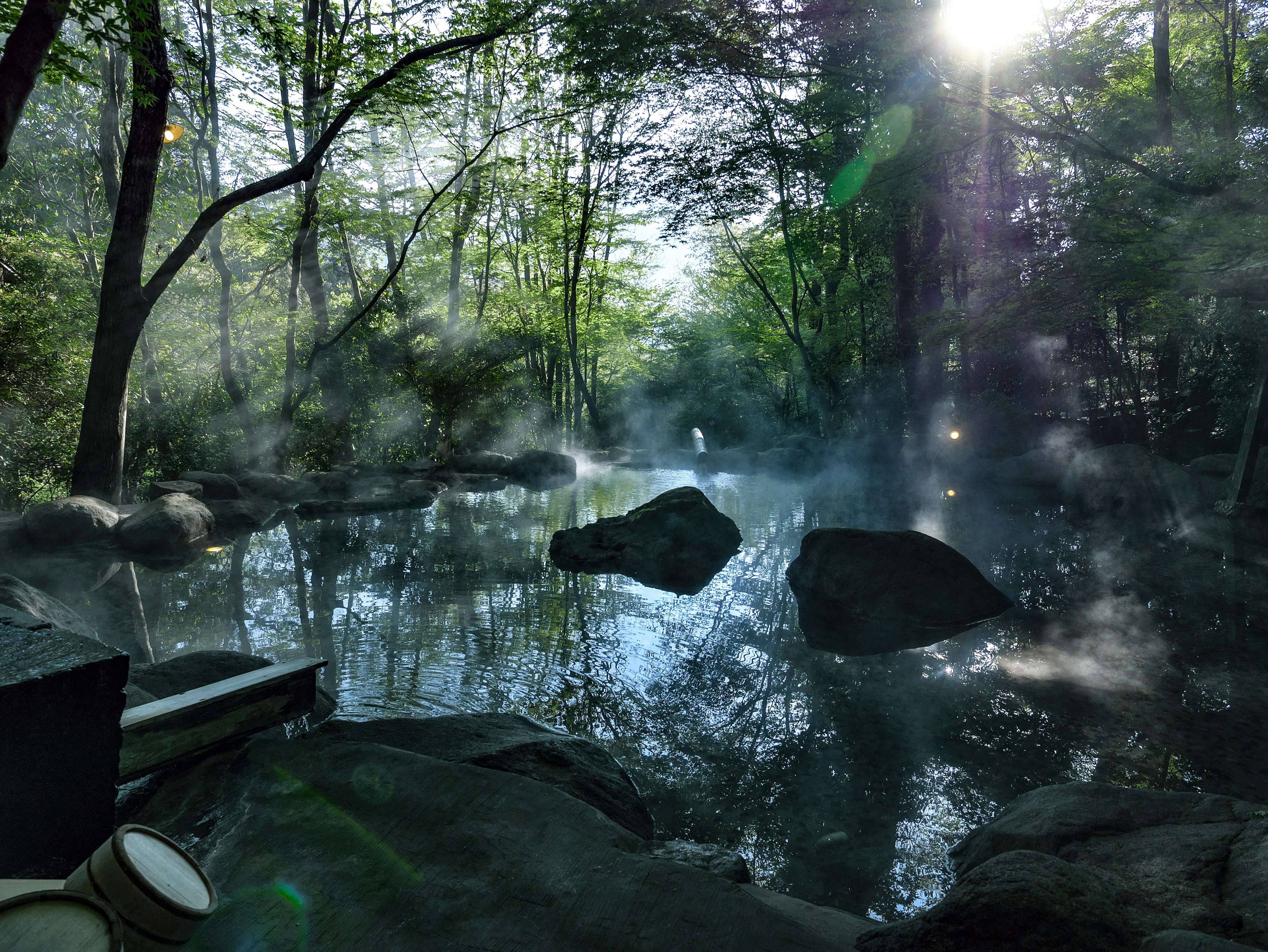 Pemandangan kolam air panas yang tenang di hutan dengan pohon-pohon yang memantul di air dan uap yang naik