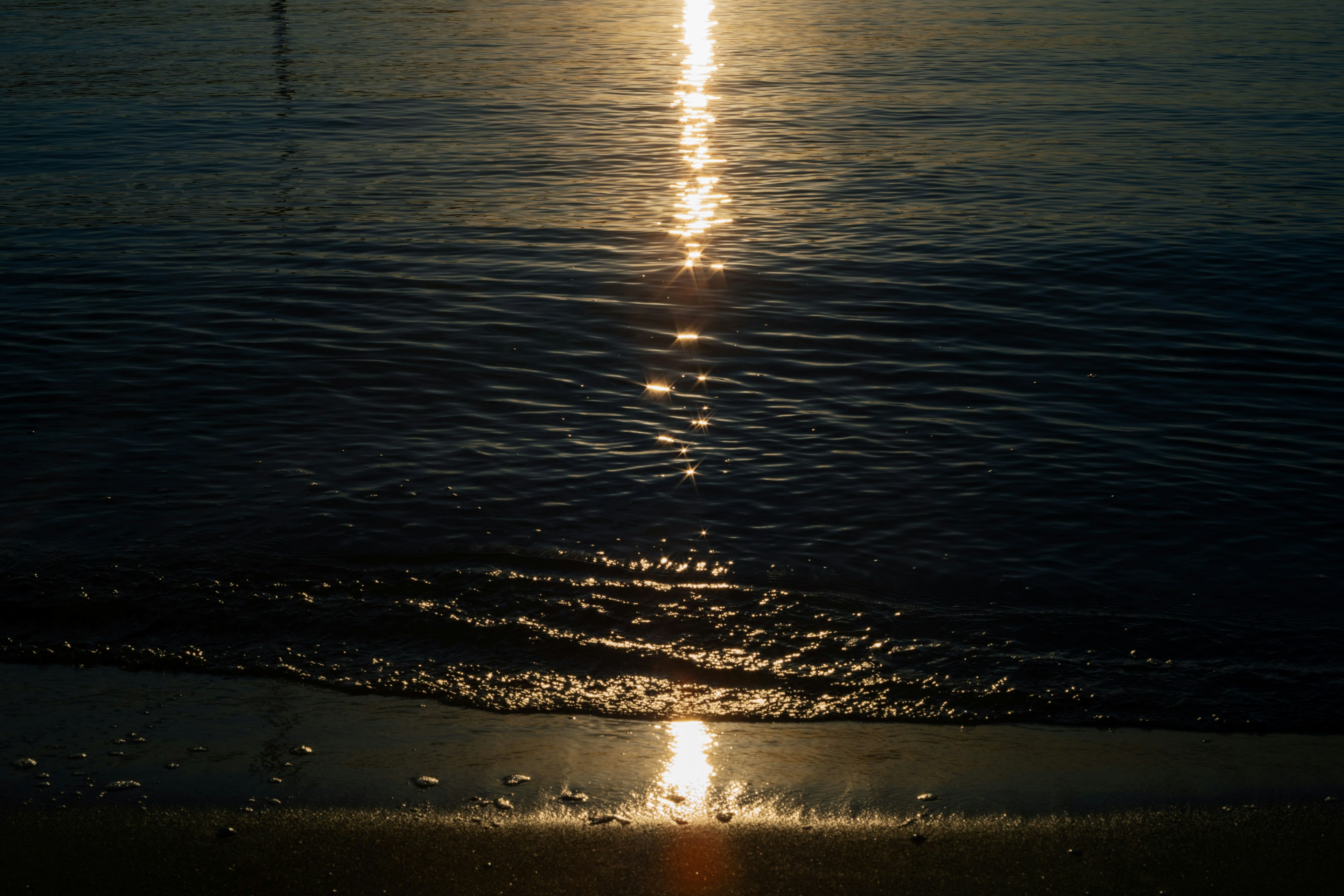 海の波と砂浜に反射する夕日