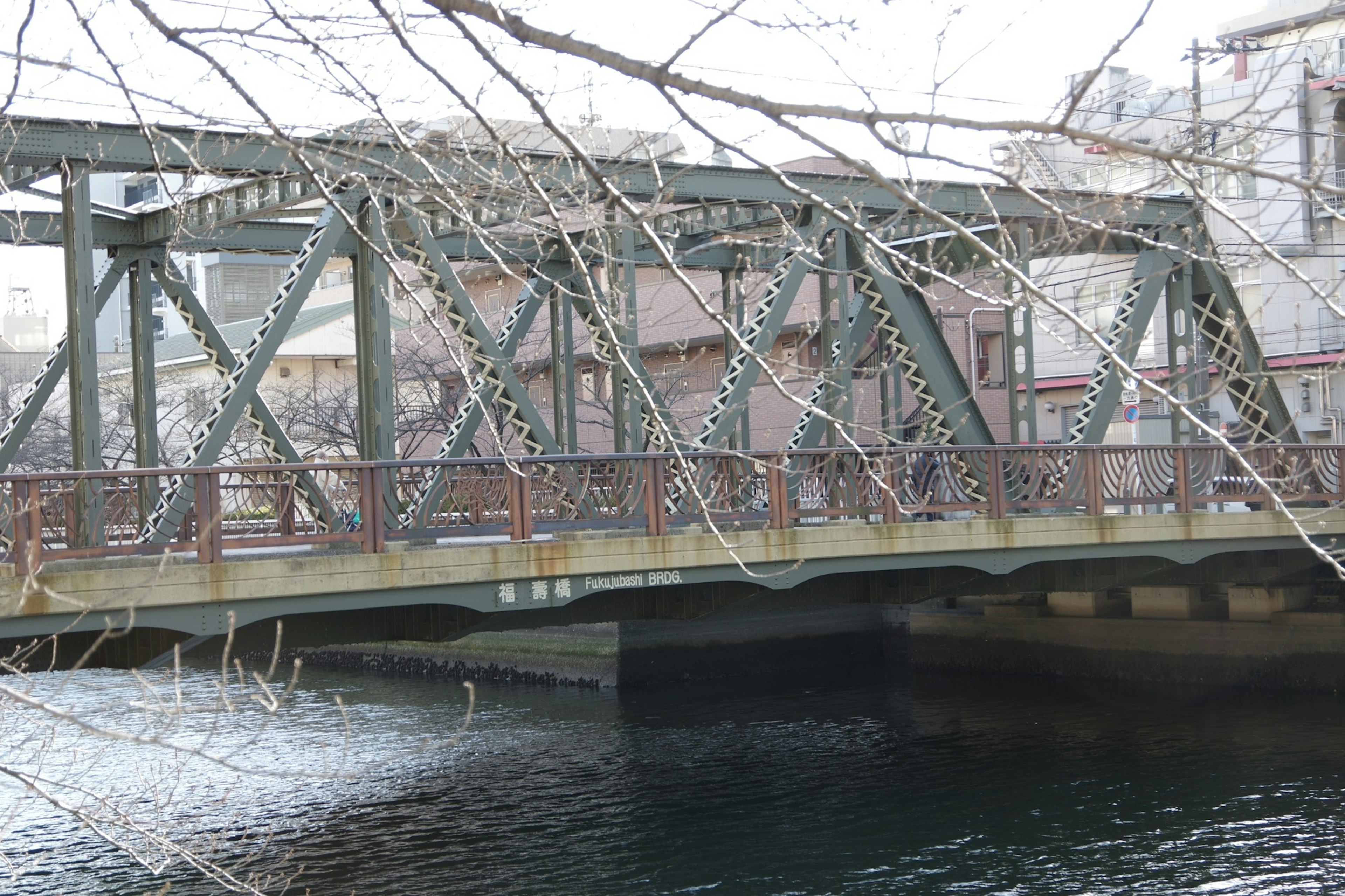 Eine Ansicht einer Metallbrücke über einen Fluss