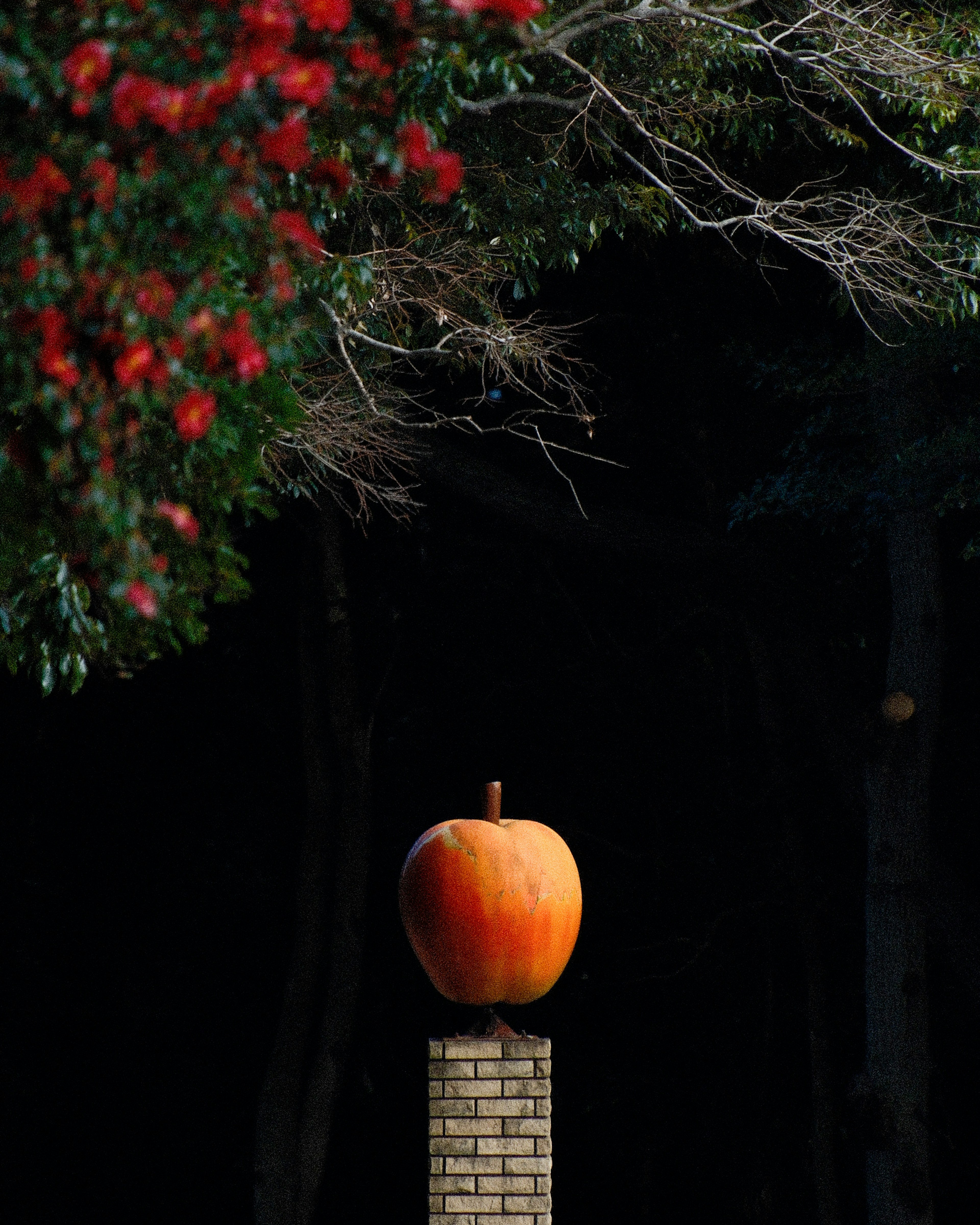 A large orange apple placed on a pillar with green trees and red flowers in the background