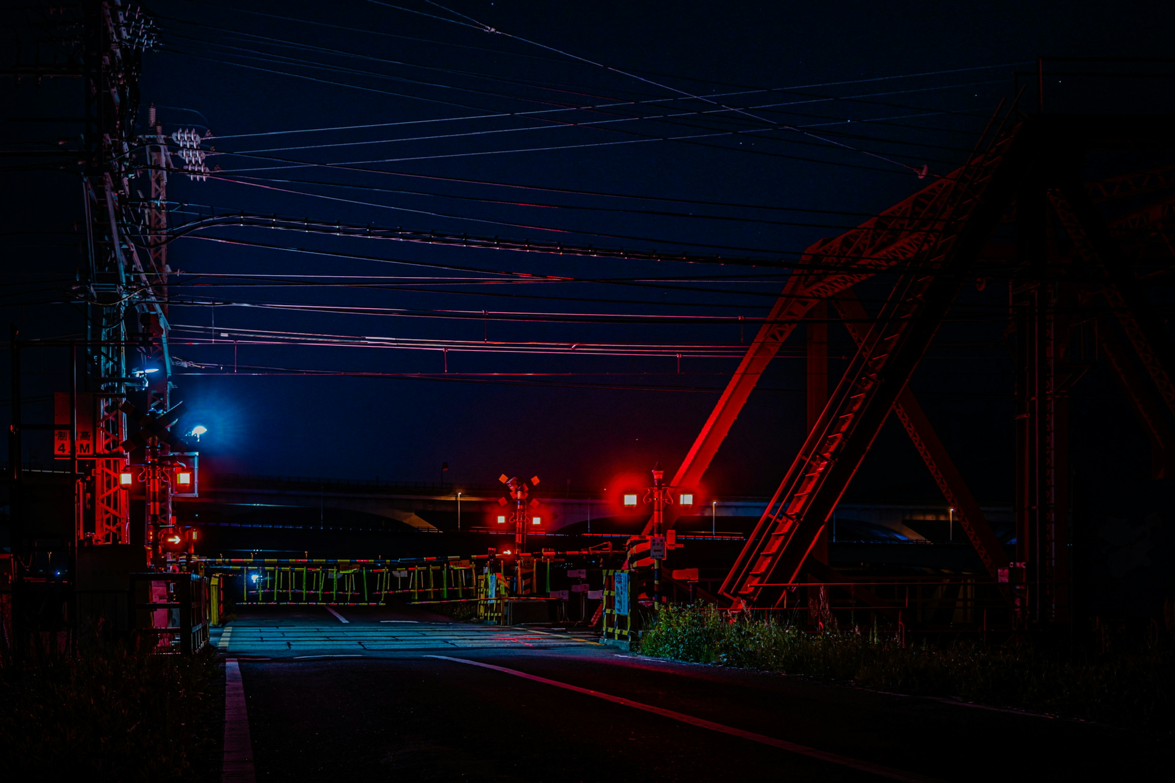 Night scene featuring red signals and overhead wires at a railway crossing