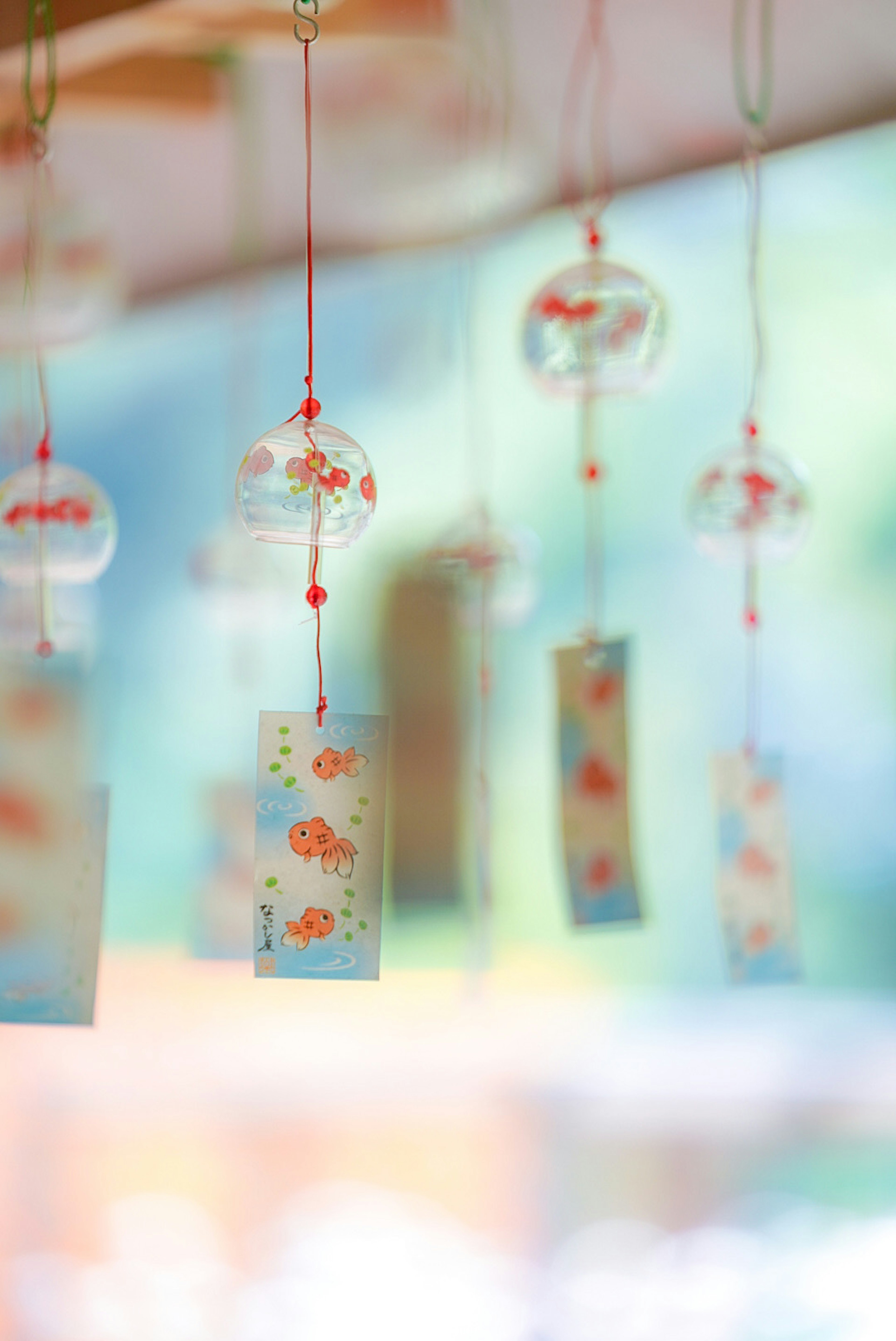 A collection of colorful wind chimes and tanzaku hanging together