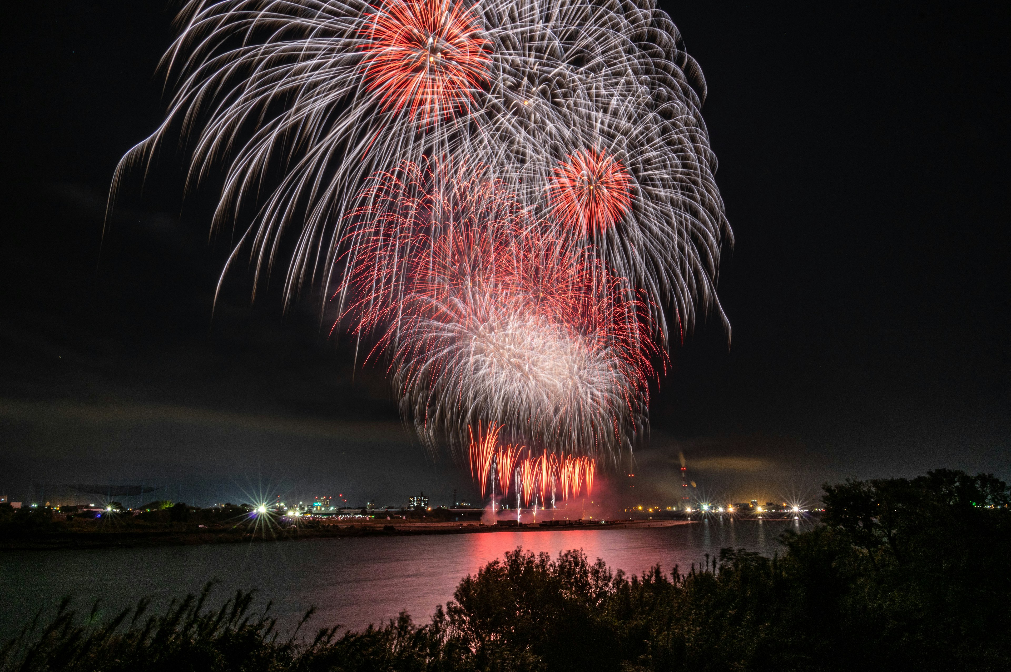 Spettacolare spettacolo di fuochi d'artificio con colori rossi e bianchi che illuminano il cielo notturno