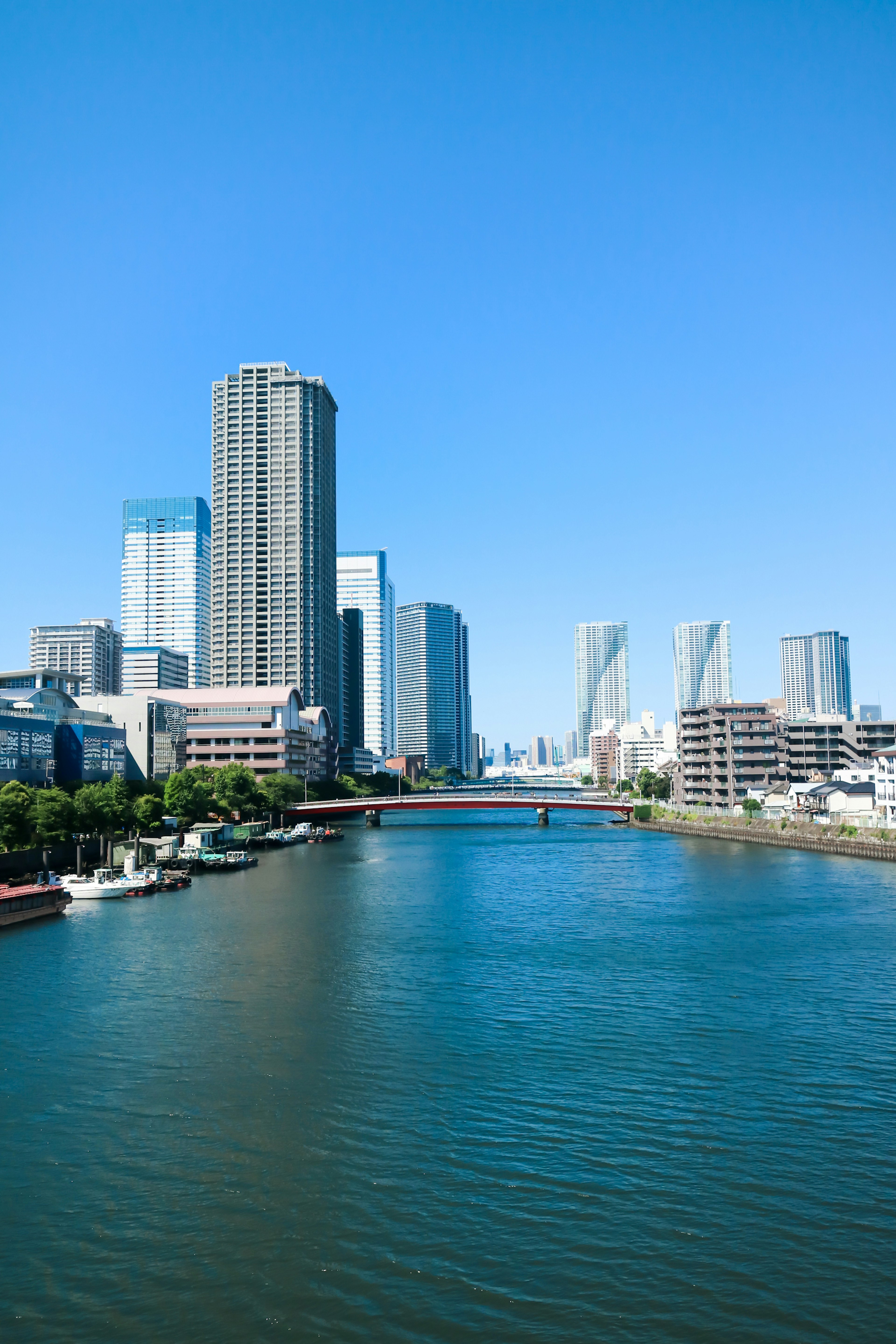 Skyline di città con grattacieli lungo un fiume sotto un cielo blu chiaro