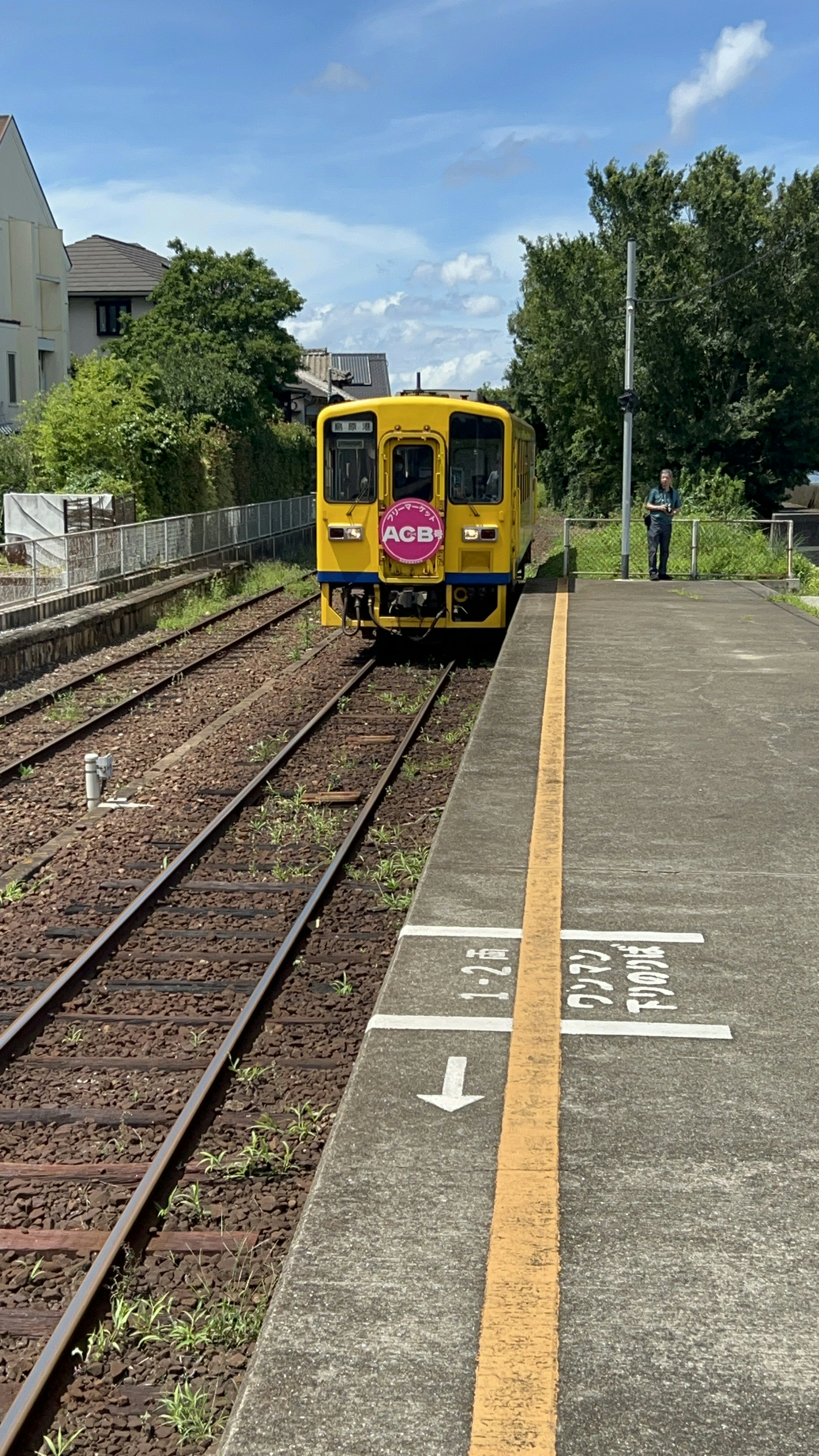 Ein gelber Zug an einem Bahnhof bei klarem blauen Himmel