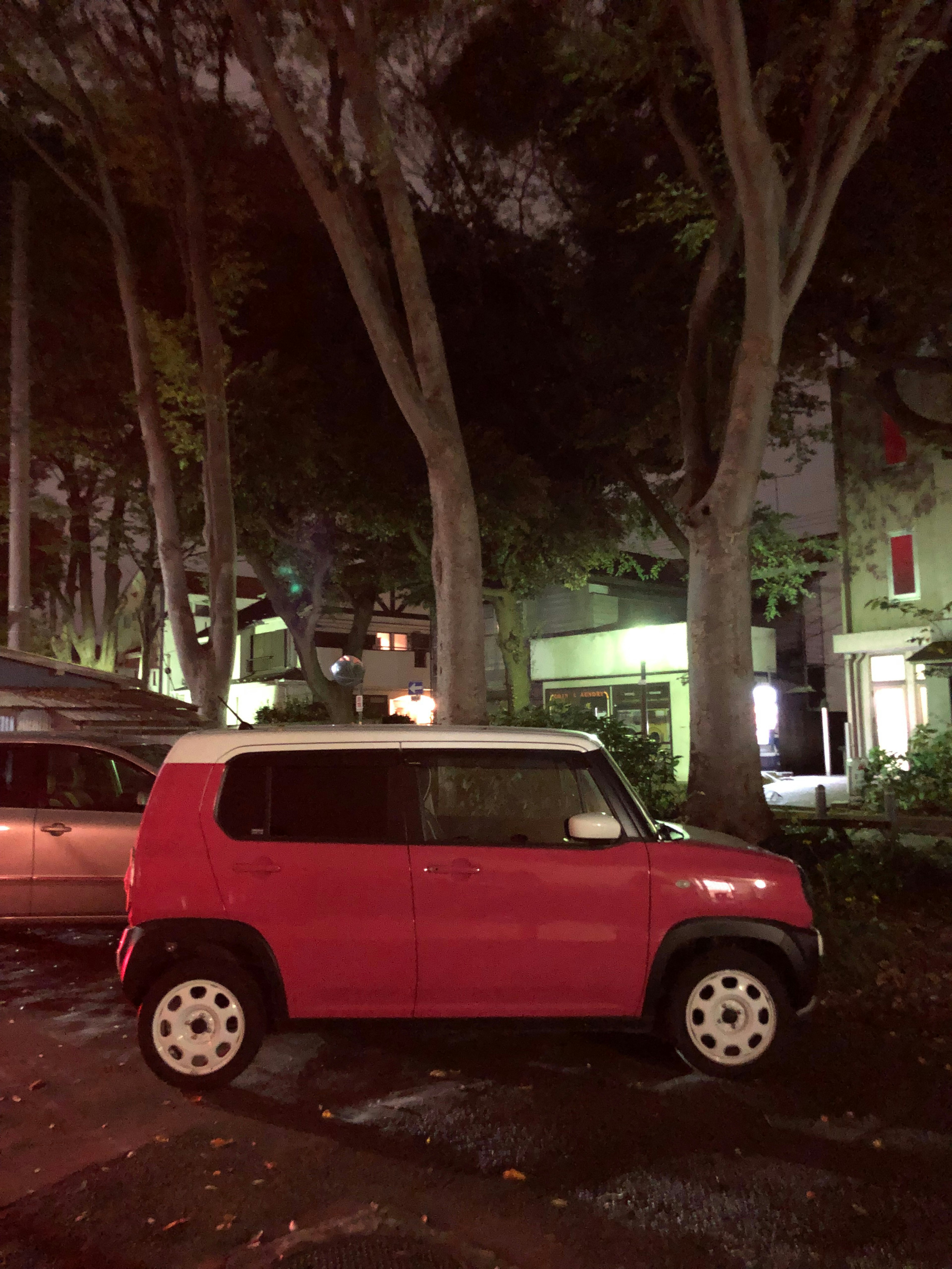 Une voiture rouge garée la nuit entourée d'arbres