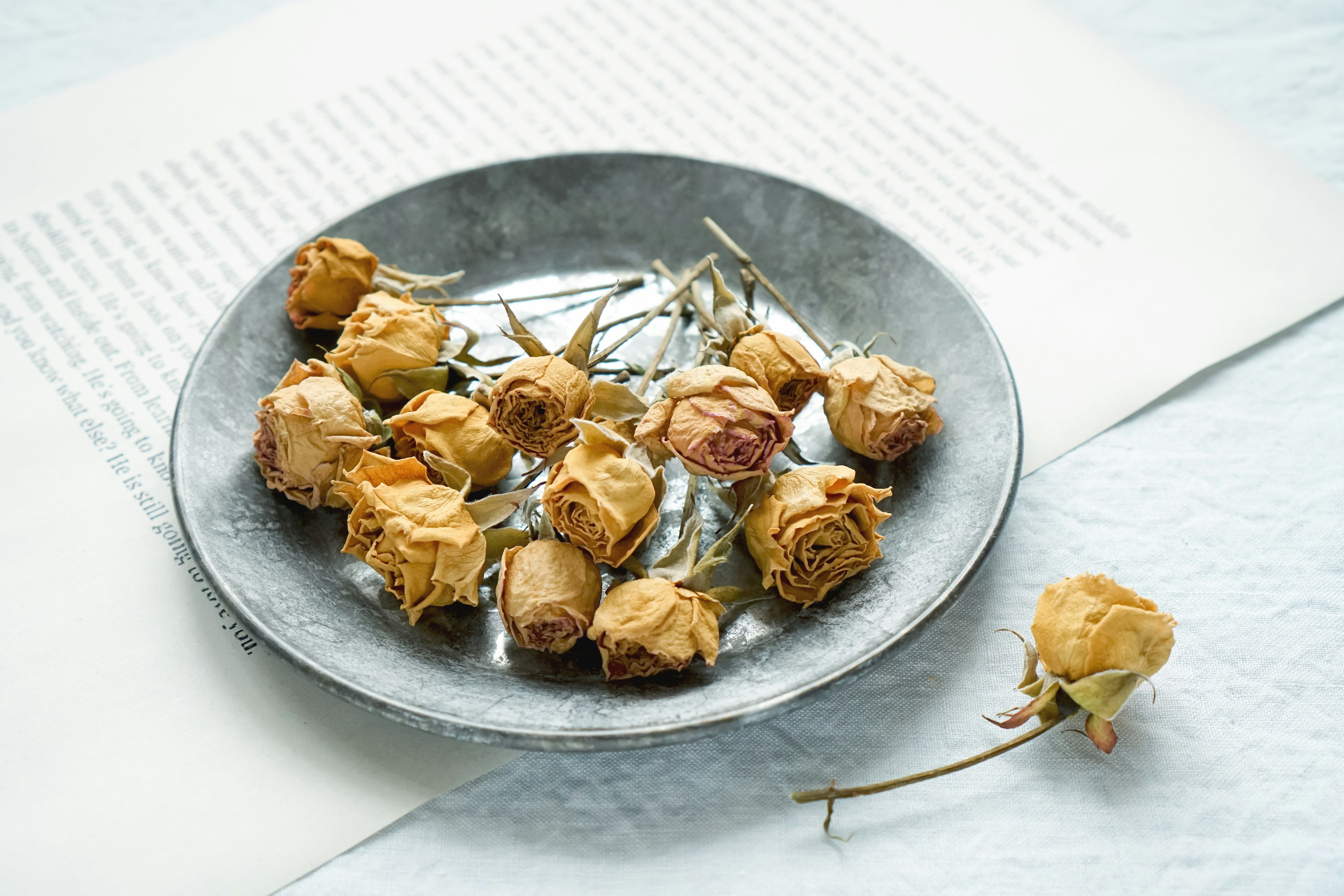 Rosas secas dispuestas en un plato de plata