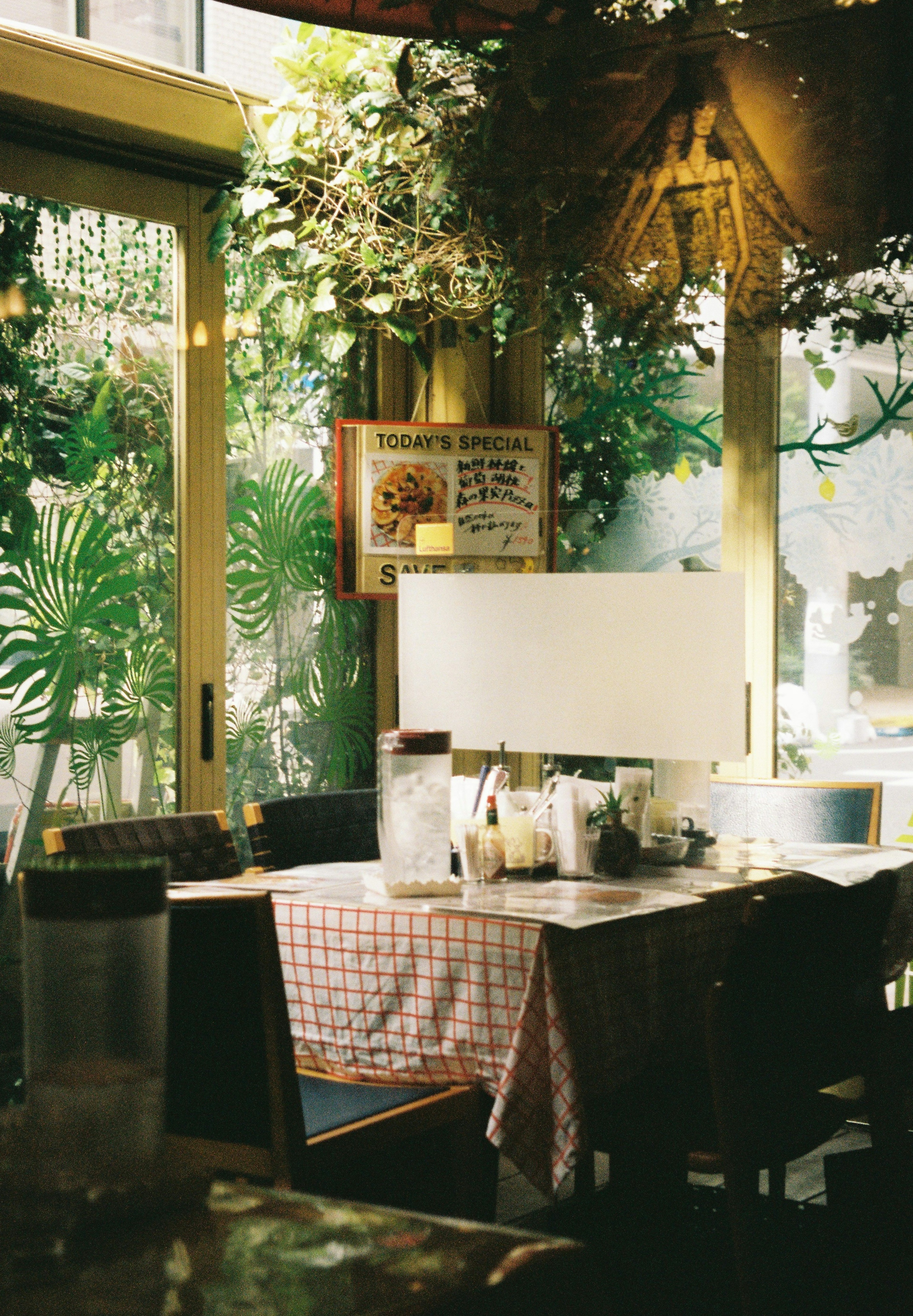 Table de café confortable entourée de verdure