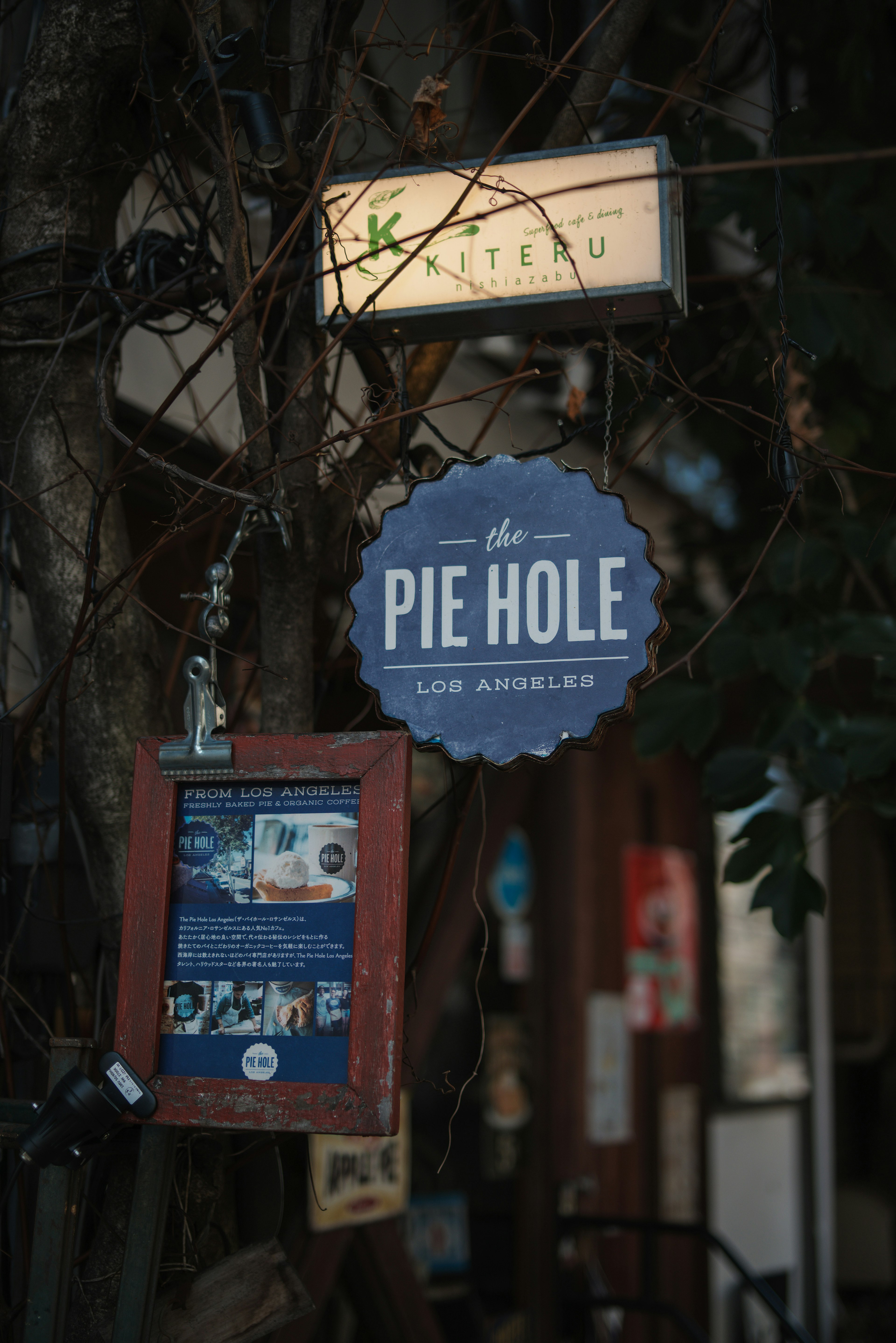 ป้ายสำหรับ The Pie Hole ในลอสแอนเจลิสแขวนอยู่จากกิ่งไม้