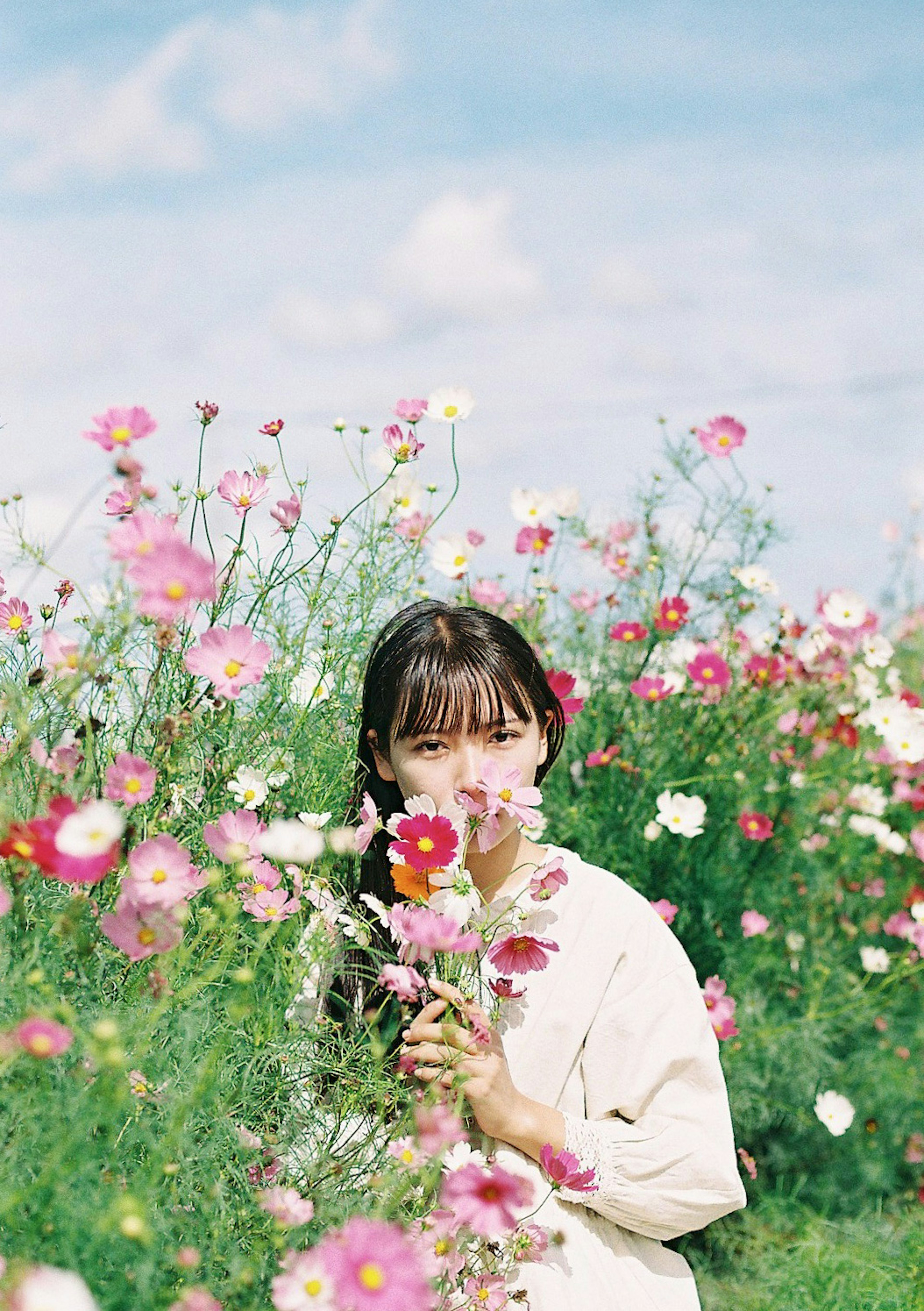 Mujer sosteniendo flores en un campo de flores coloridas