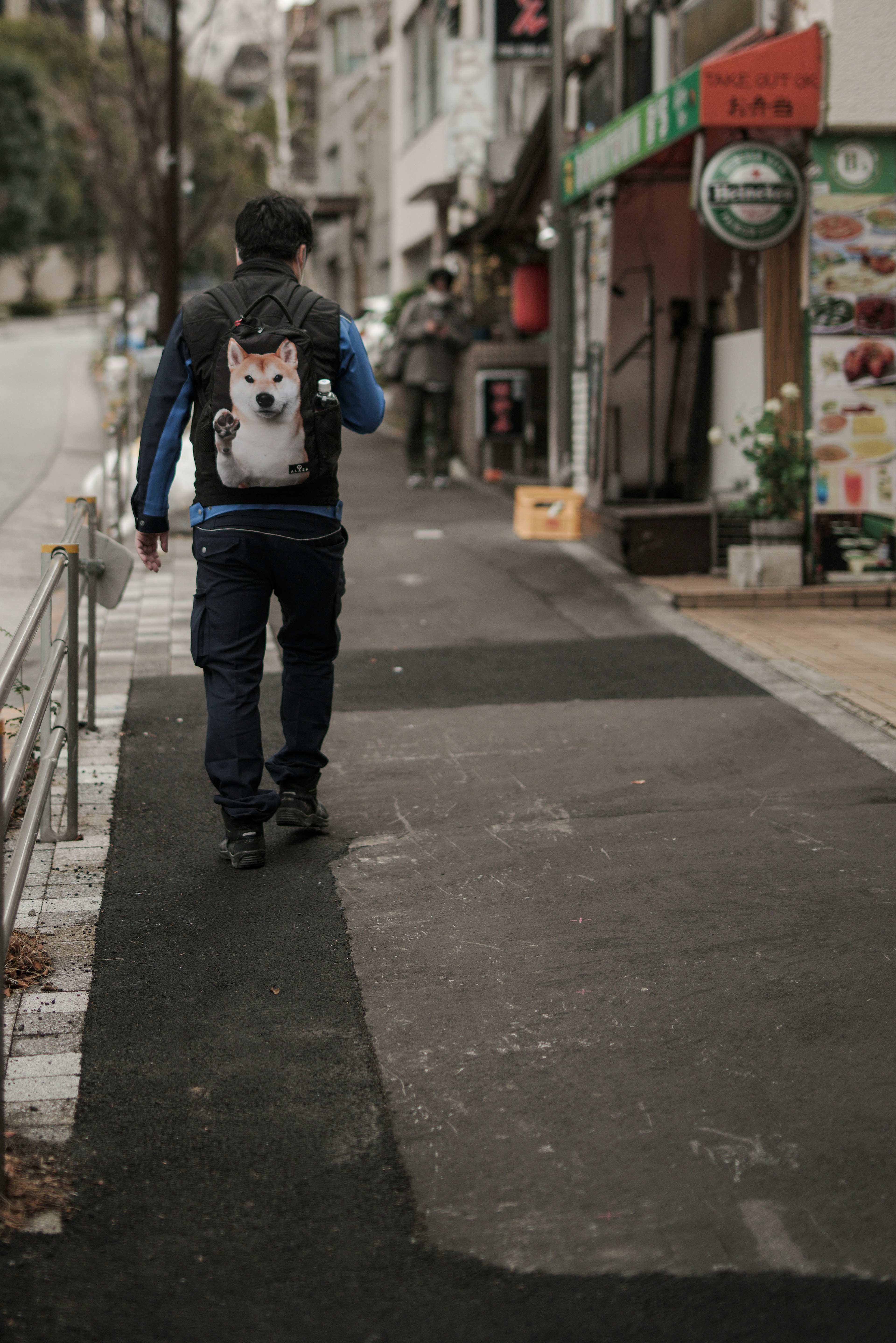 Un uomo che cammina per strada con uno zaino con un design di cane