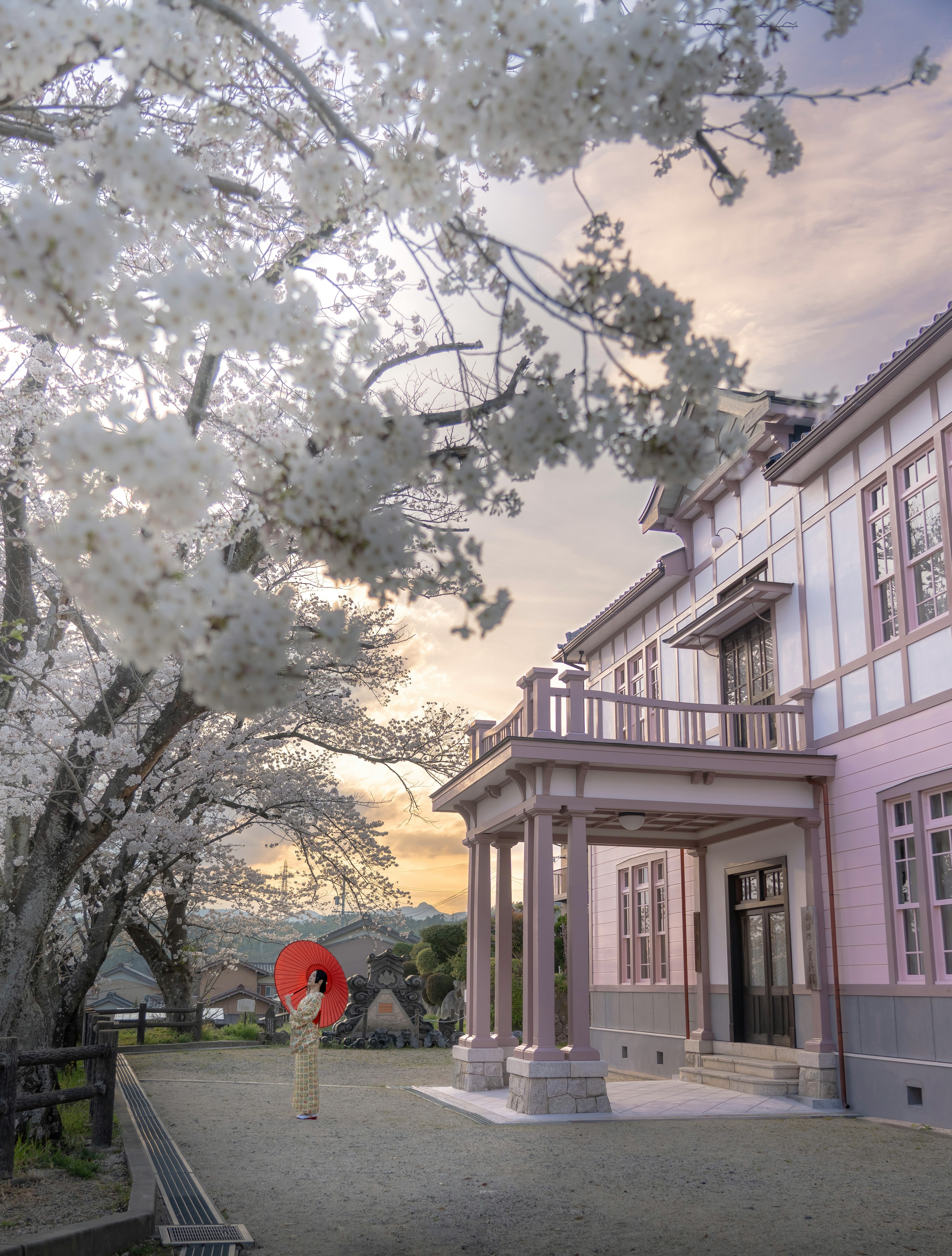 桜の木の下に立つ赤い傘を持った女性とピンクの建物の風景