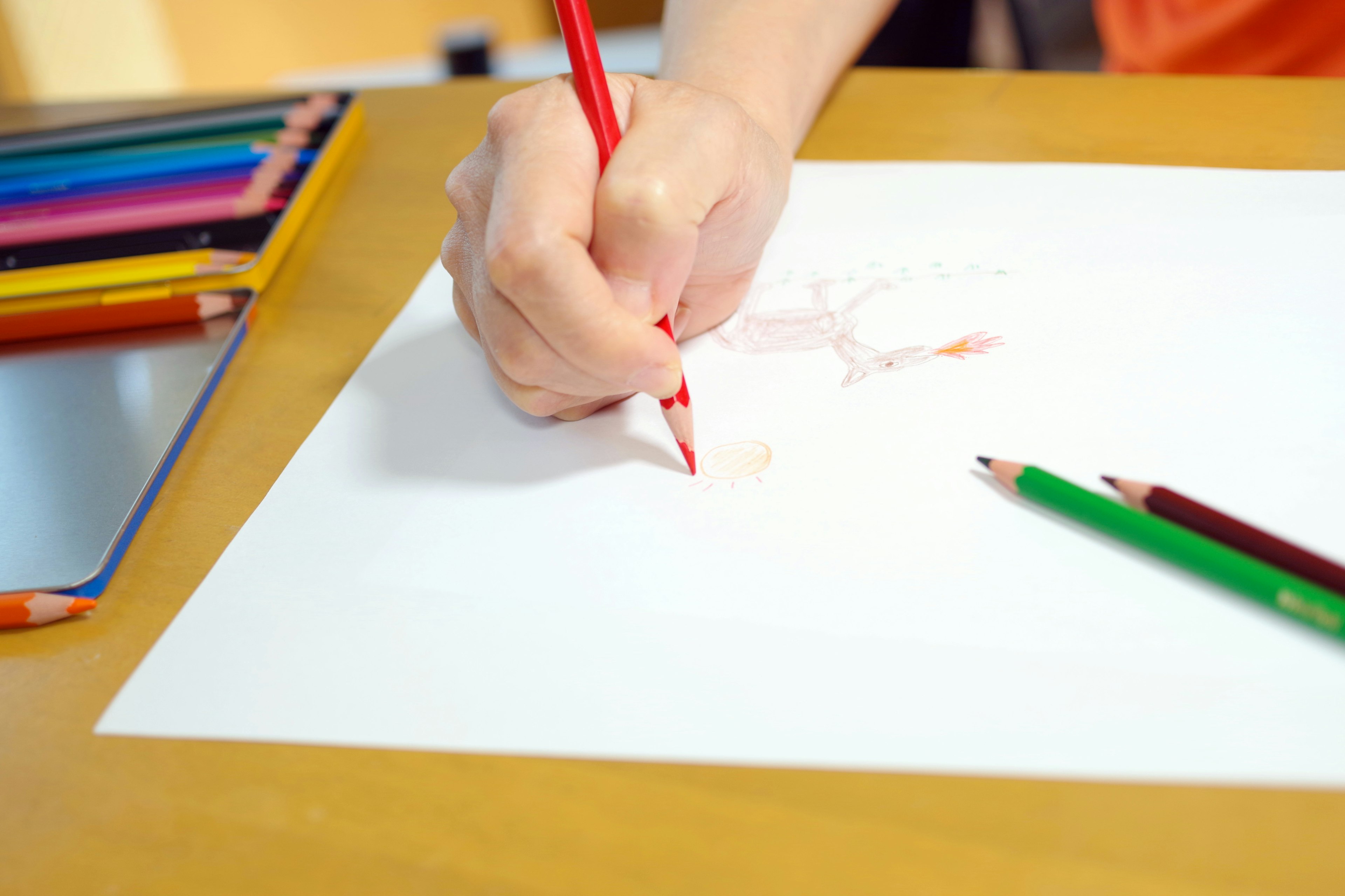 Eine Hand mit einem roten Buntstift, die auf ein leeres Blatt Papier zeichnet