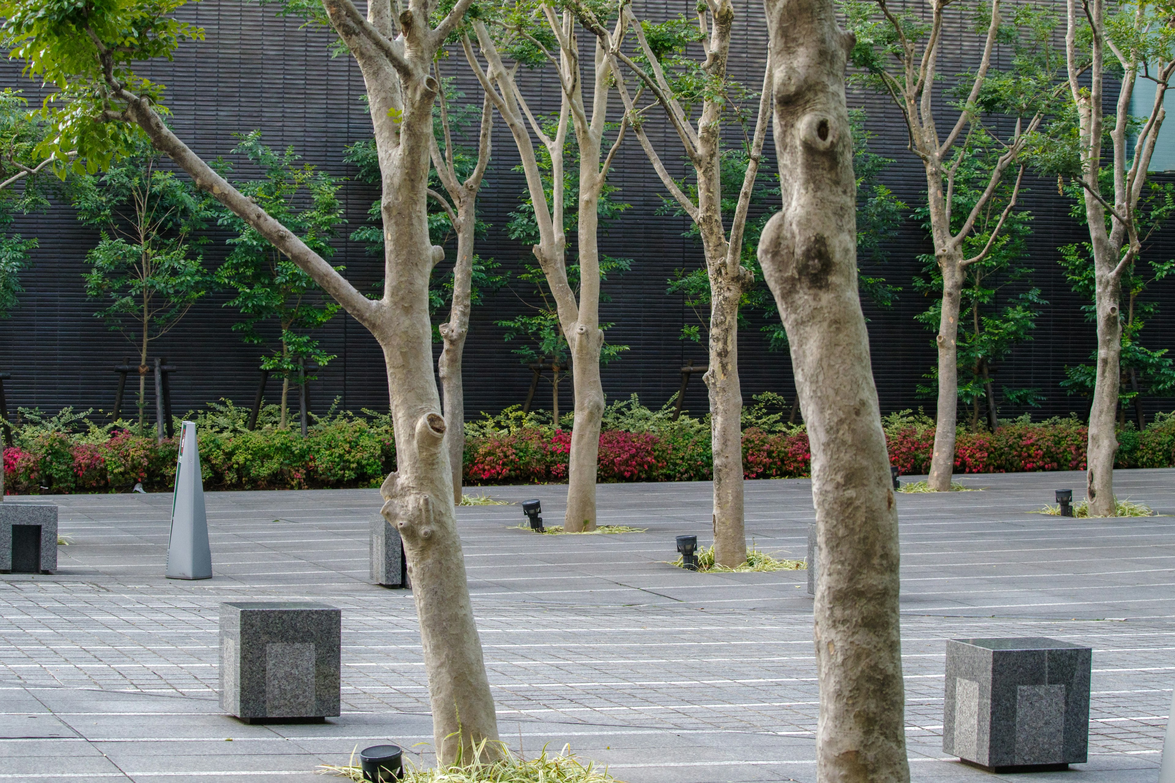 Sebuah area yang dilandscaping dengan pohon dan blok beton yang tersusun rapi