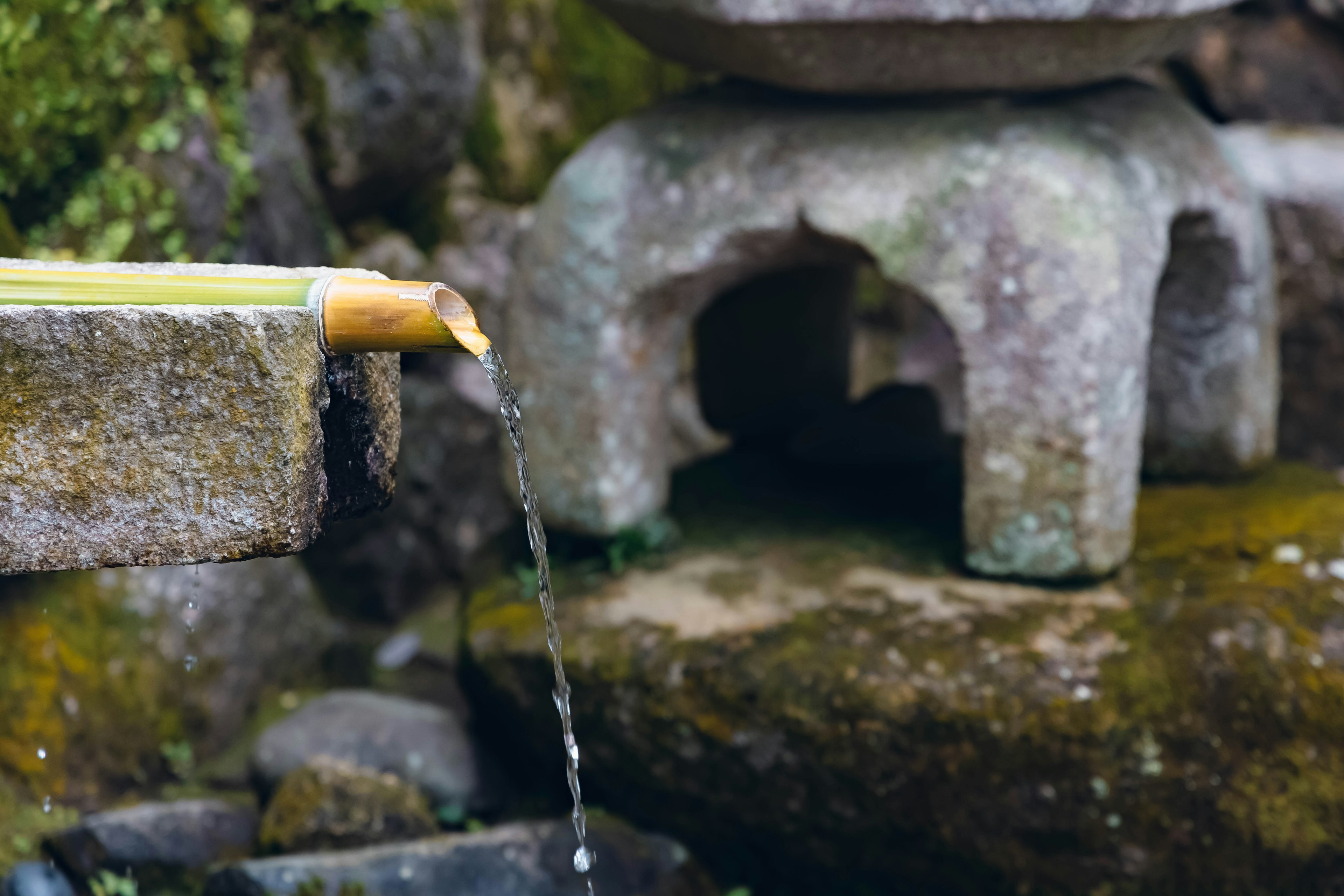 Bamboo water spout flowing into a stone basin with mossy rocks