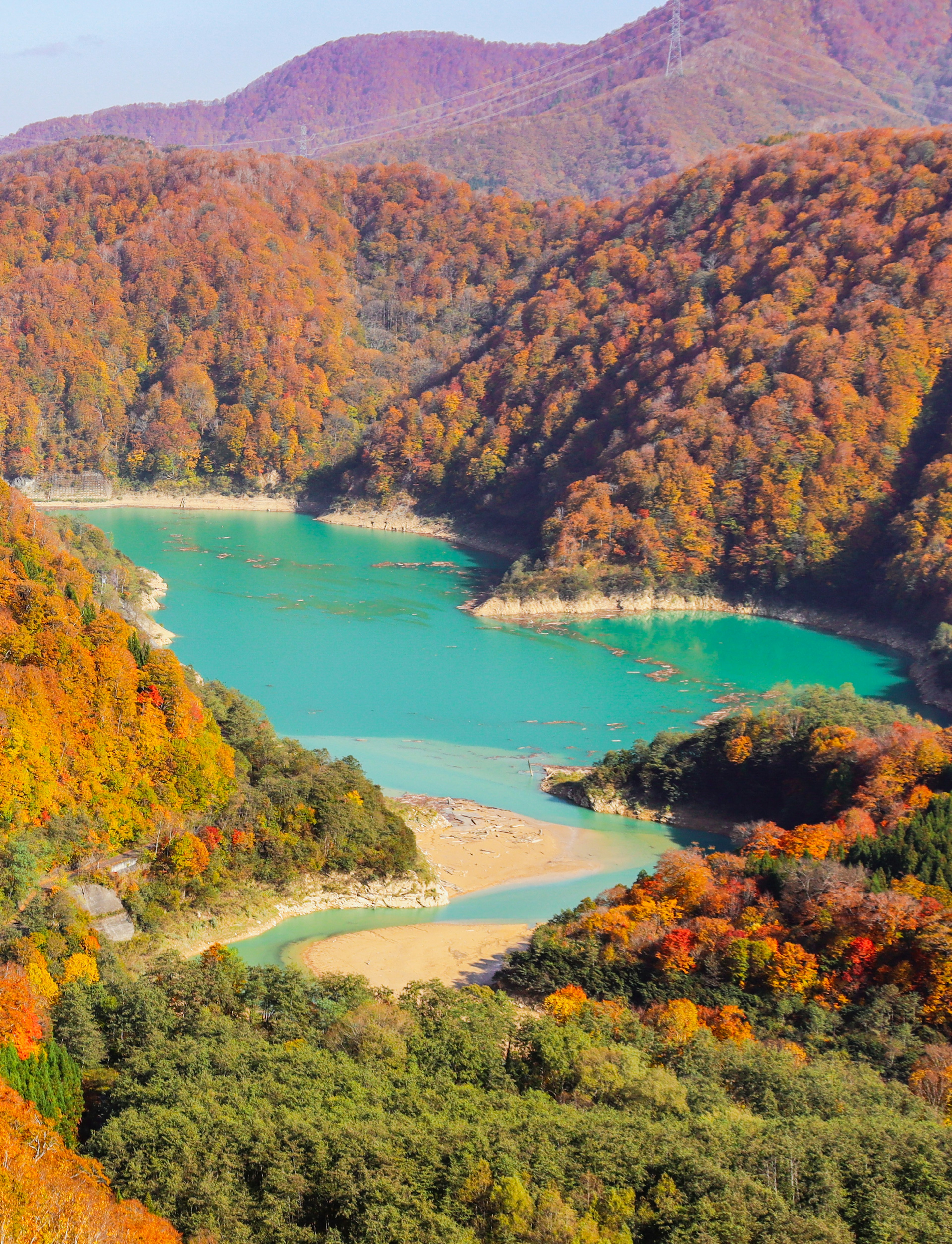 美しい秋の風景、色とりどりの葉、青い湖、山々に囲まれた自然の景観